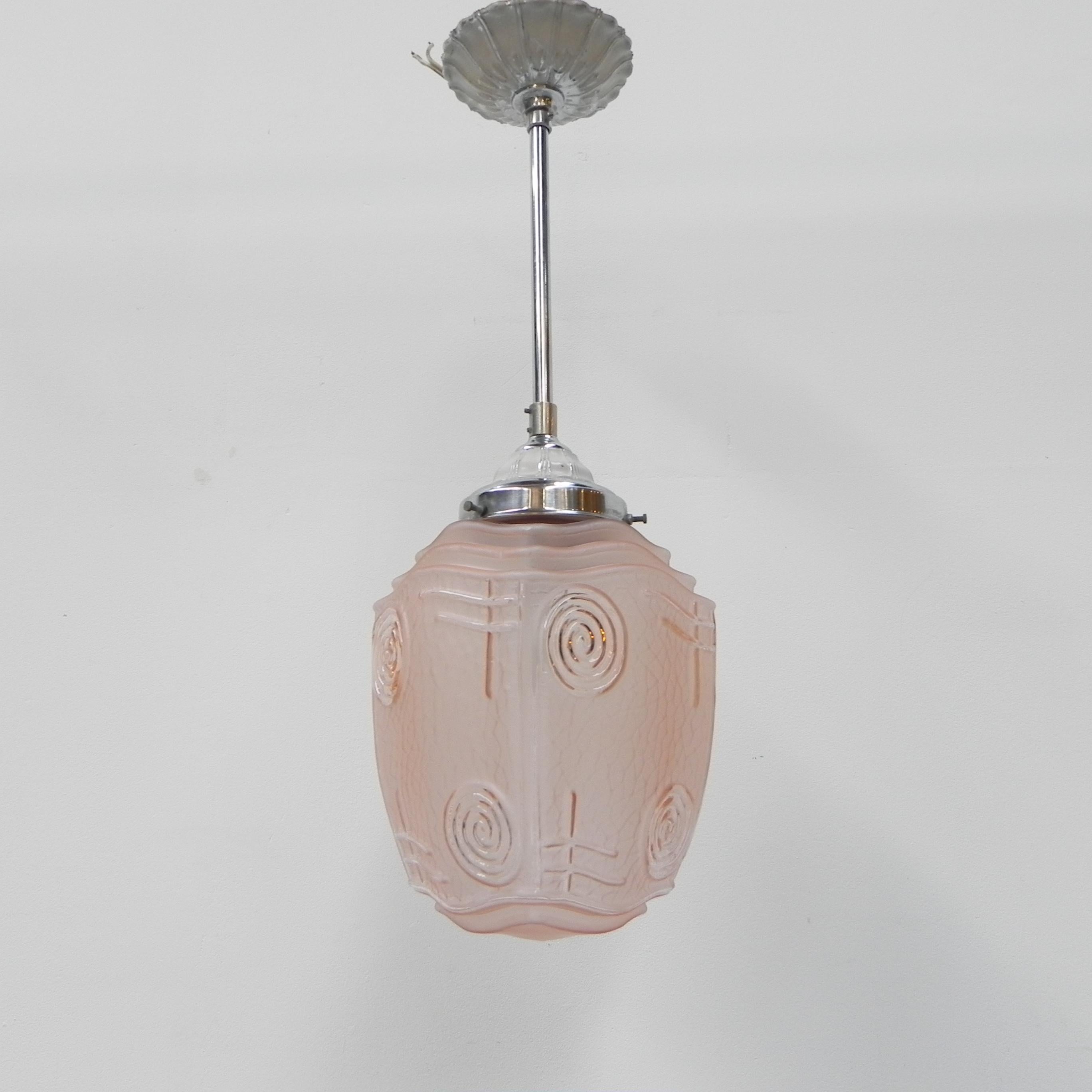 French Art Deco hanging lamp with pink glass shade For Sale