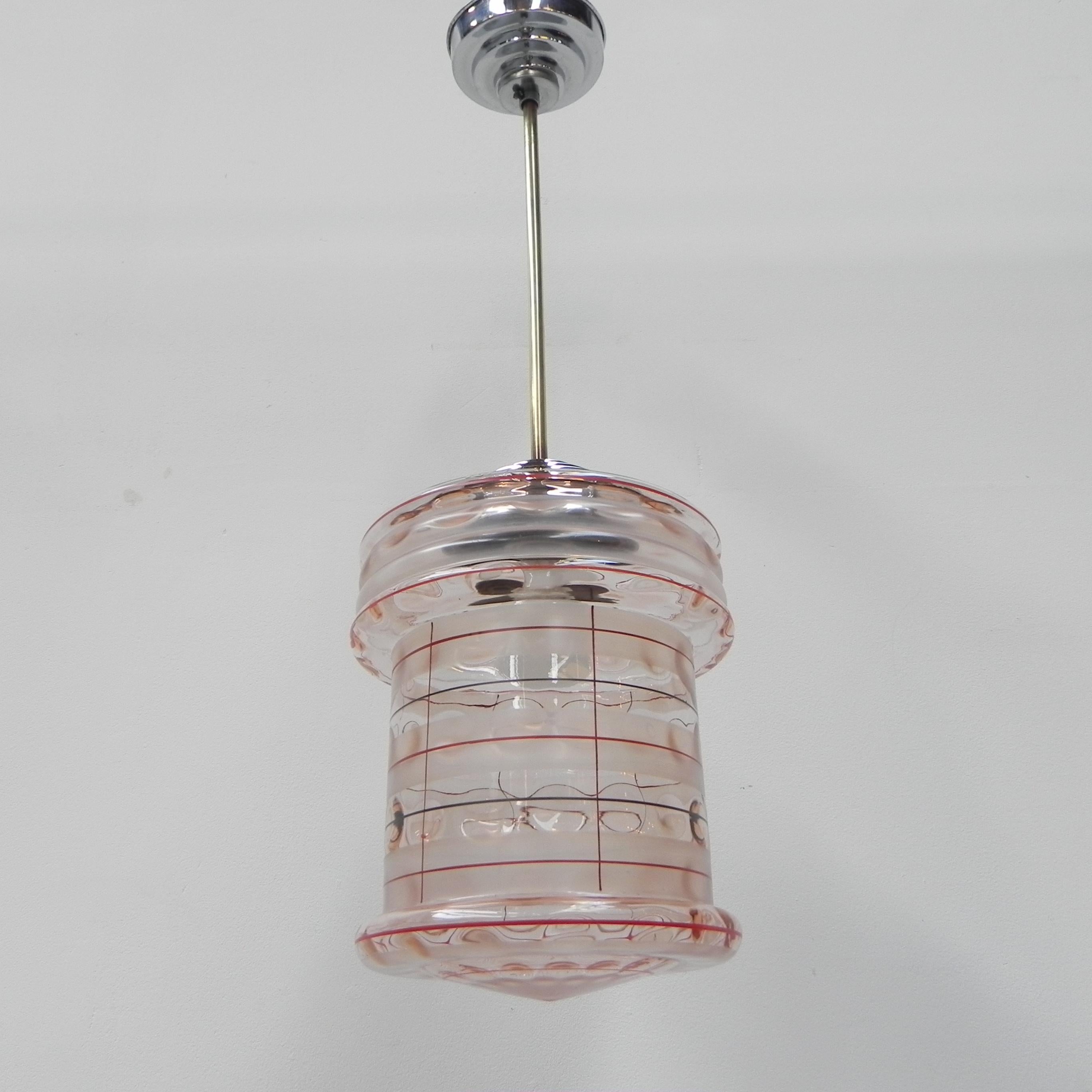 French Art Deco hanging lamp with pink glass shade For Sale