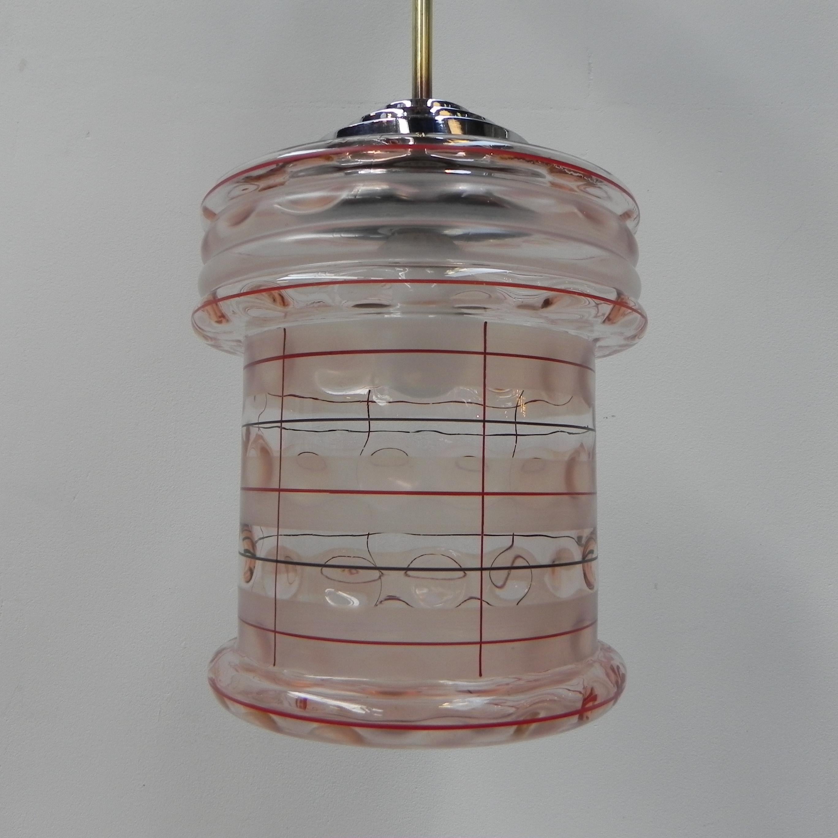Lampe suspendue Art déco avec abat-jour en verre rose Bon état - En vente à EINDHOVEN, NL