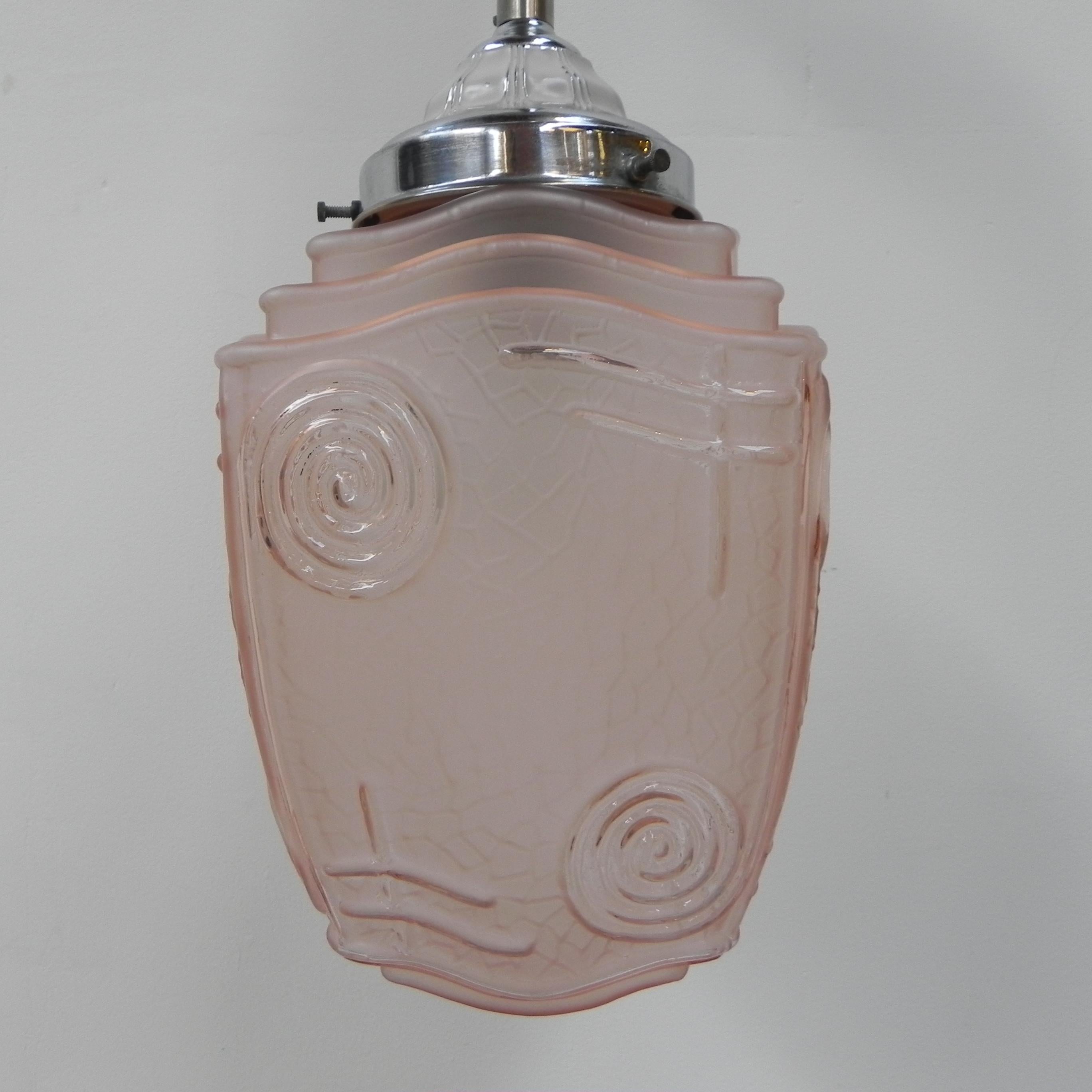 Mid-20th Century Art Deco hanging lamp with pink glass shade For Sale