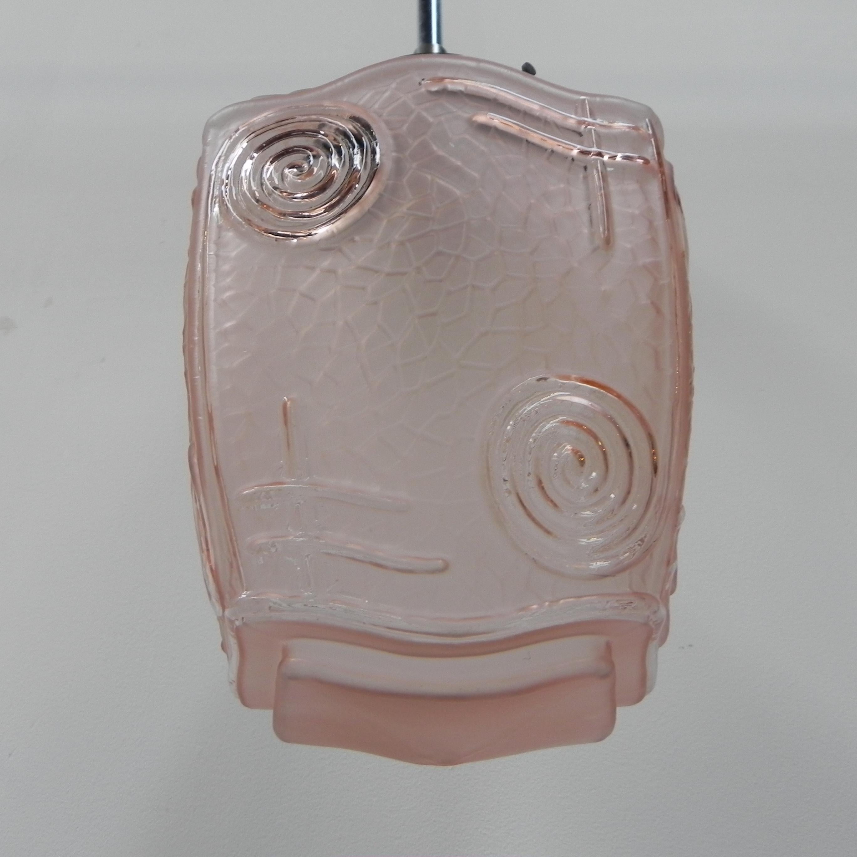 Art Deco hanging lamp with pink glass shade For Sale 1