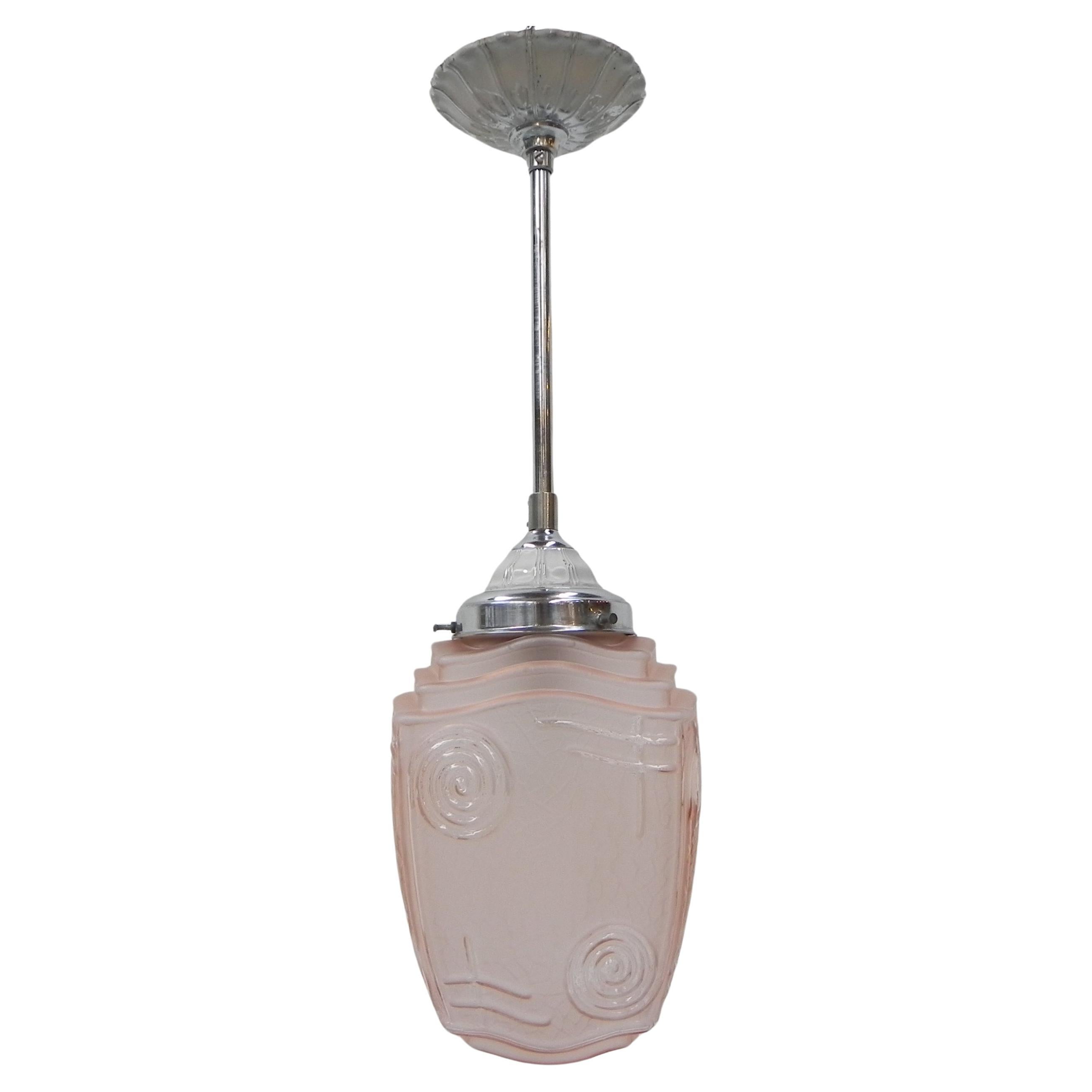 Art Deco hanging lamp with pink glass shade For Sale