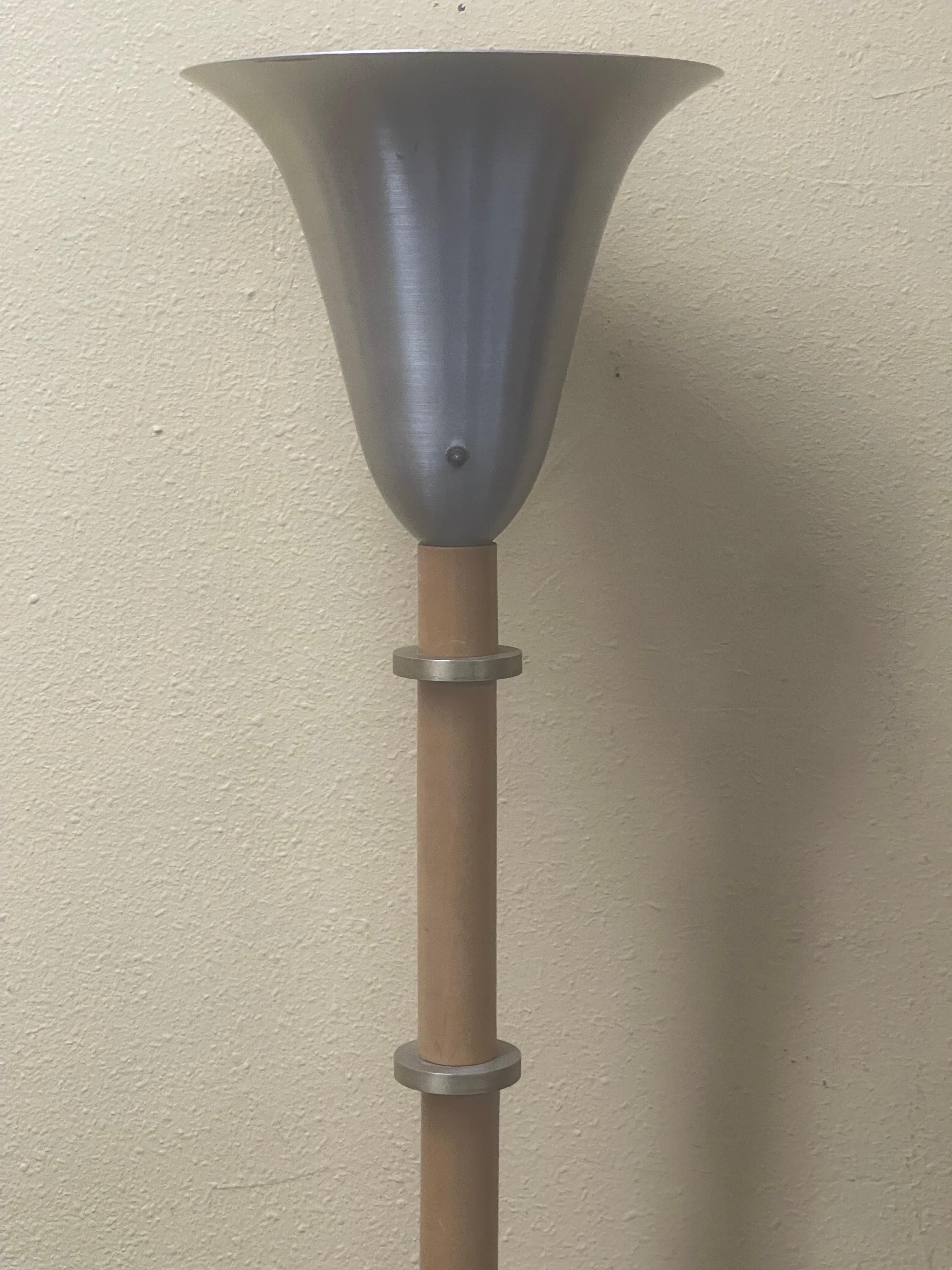Art Deco Hardrock Maple & Spun Aluminum Torchère Floor Lamp by Russel Wright For Sale 1