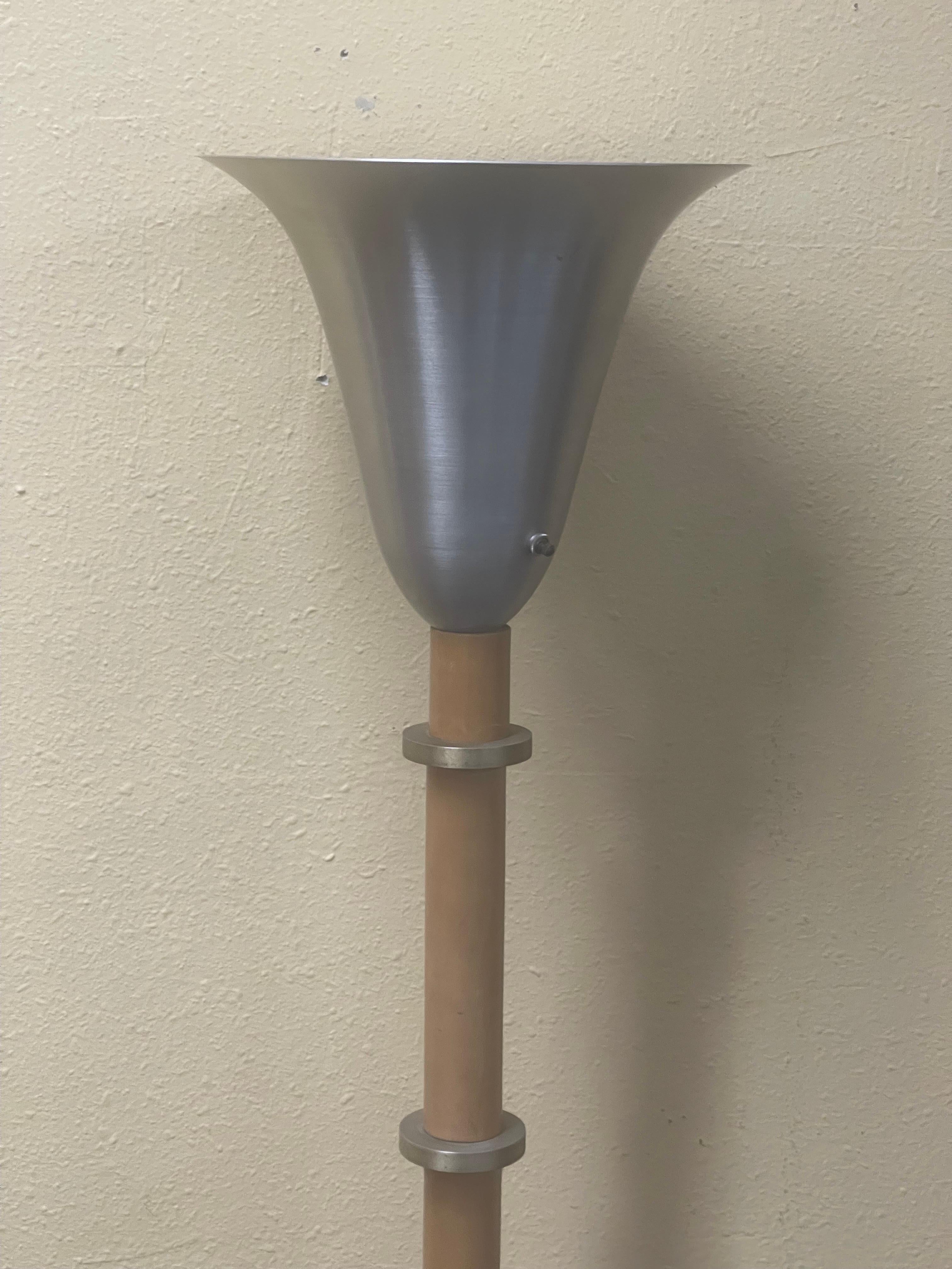 Art Deco Hardrock Maple & Spun Aluminum Torchère Floor Lamp by Russel Wright For Sale 2