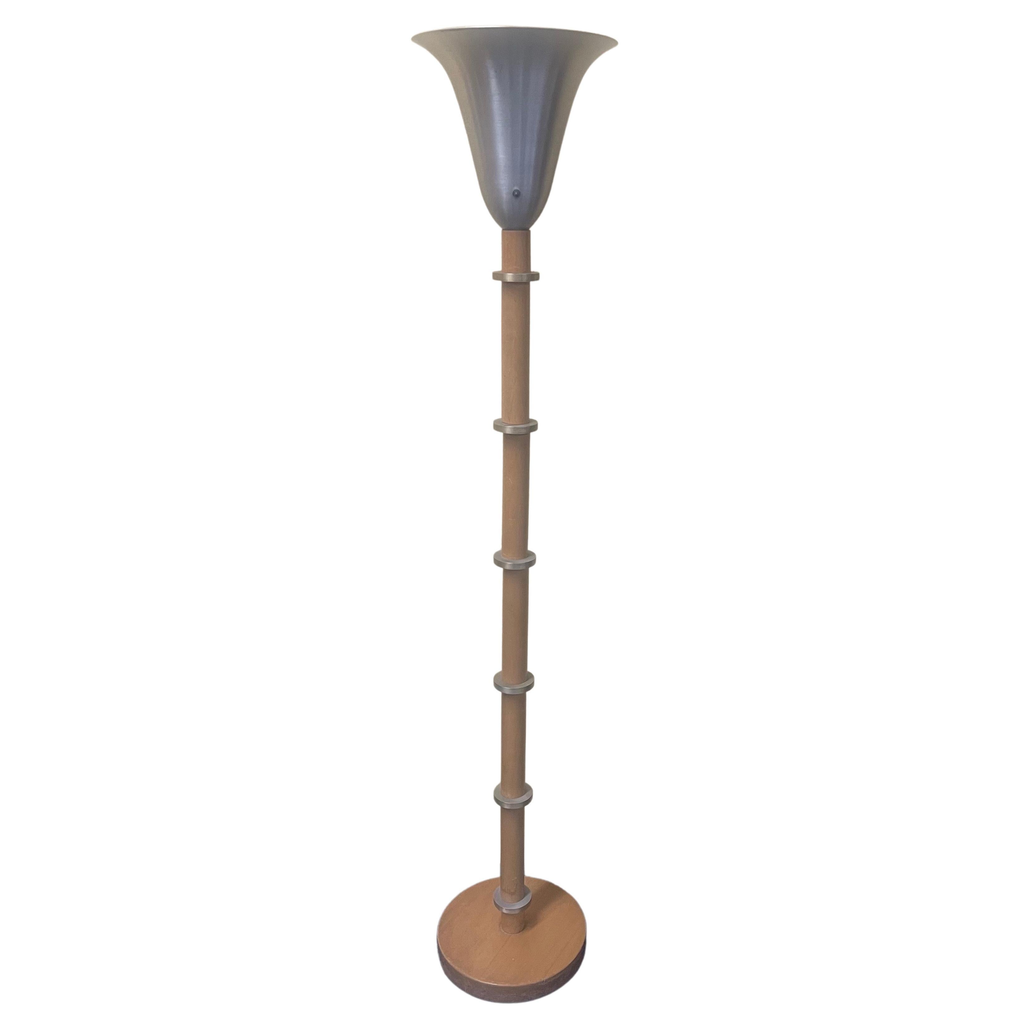 Art Deco Hardrock Maple & Spun Aluminum Torchère Floor Lamp by Russel Wright For Sale