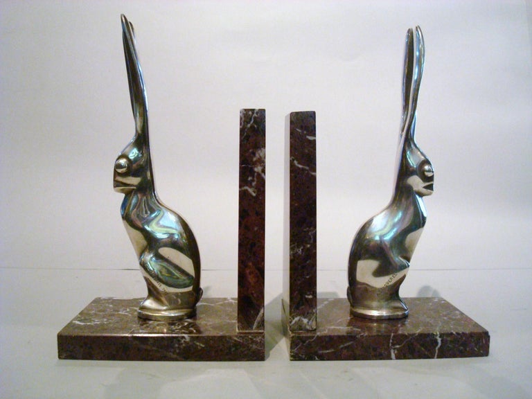 Art Deco hare or rabbit bookends designed by A. Becquerel and signed by foundry Etling Paris.
1920s. Very nice animal sculptures.
 