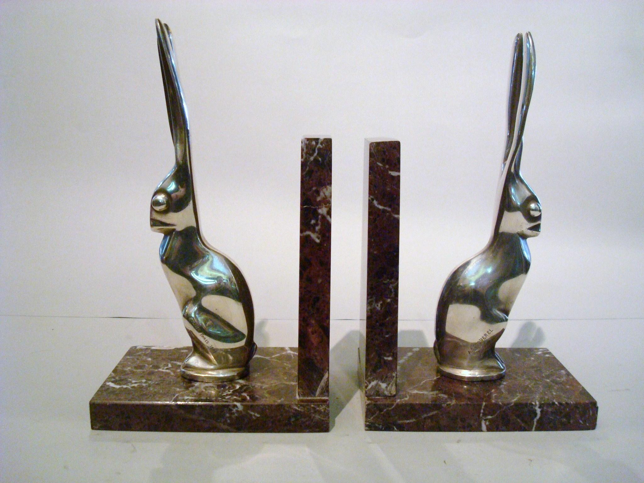 Silvered Art Deco Hare or Rabbit bookends designed by Becquerel For Sale