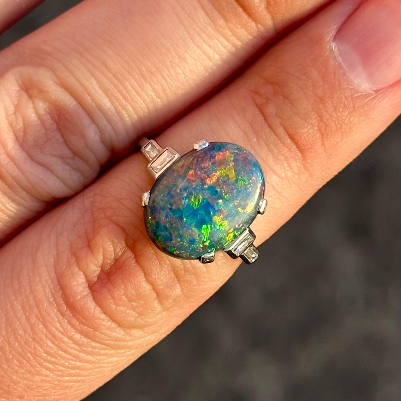 Art Deco Harlequin Precious Black Opal Baguette Diamond Engagement Ring Platinum 3