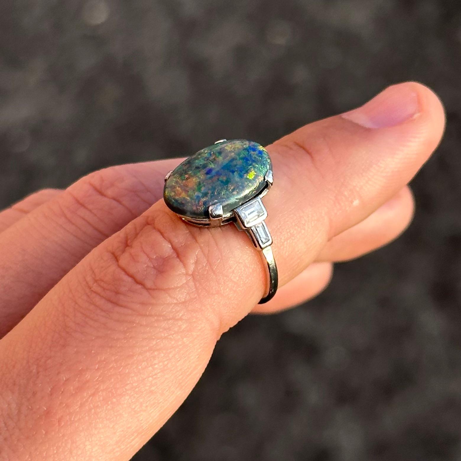 Art Deco Harlequin Precious Black Opal Baguette Diamond Engagement Ring Platinum 5