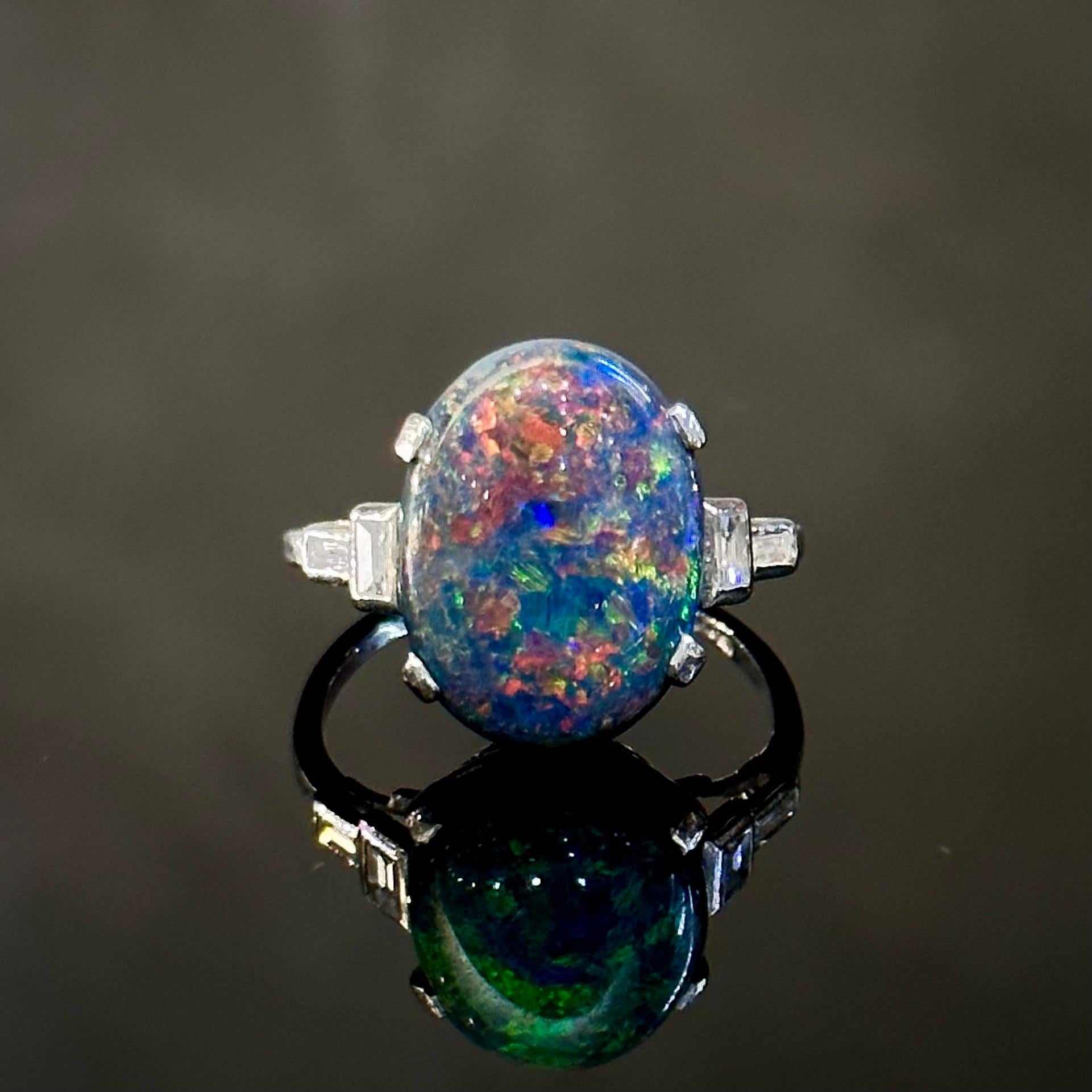 Art Deco Harlequin Precious Black Opal Baguette Diamond Engagement Ring Platinum For Sale 6