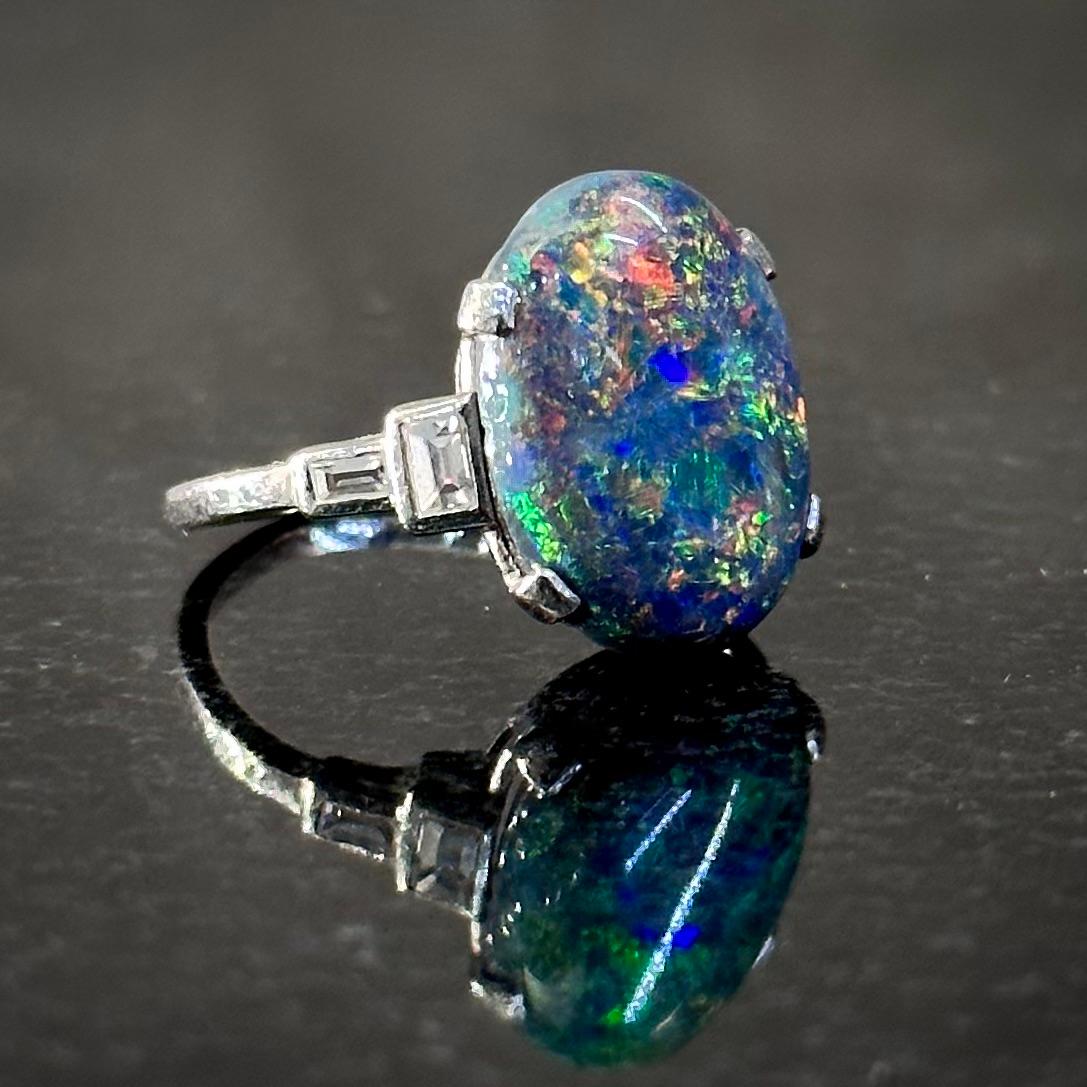 Art Deco Harlequin Precious Black Opal Baguette Diamond Engagement Ring Platinum For Sale 7