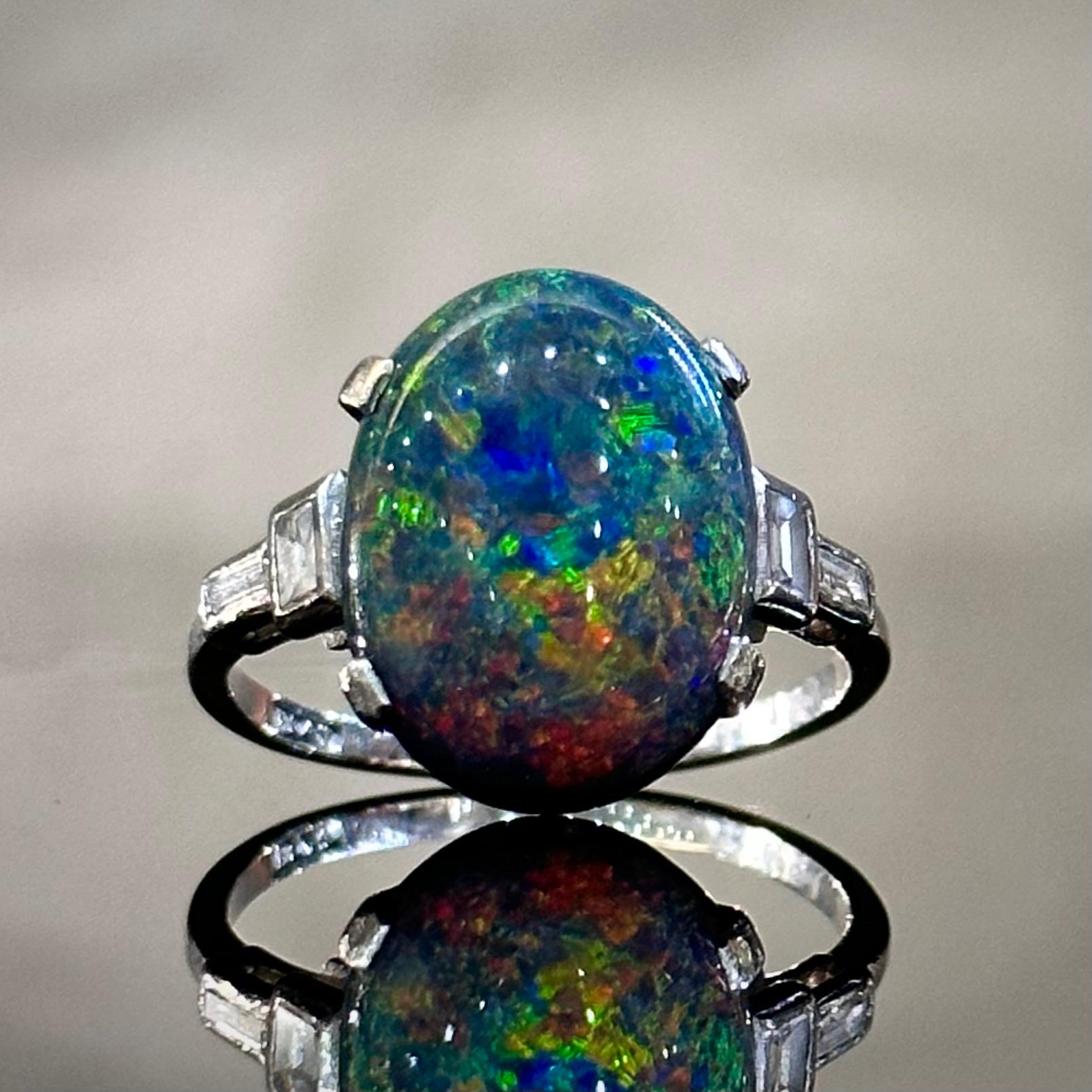 Art Deco Harlequin Precious Black Opal Baguette Diamond Engagement Ring Platinum For Sale 8