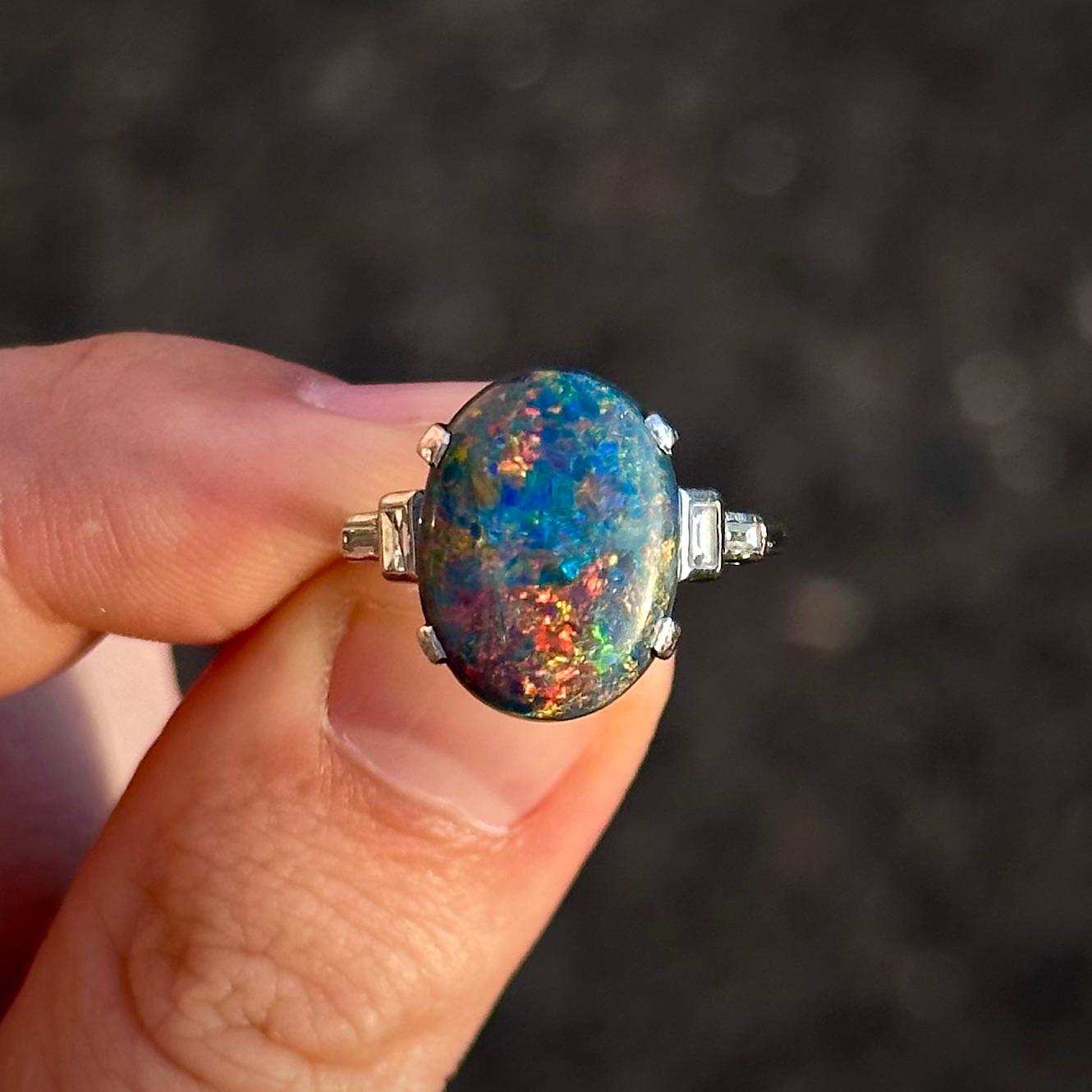 Art Deco Harlequin Precious Black Opal Baguette Diamond Engagement Ring Platinum 11