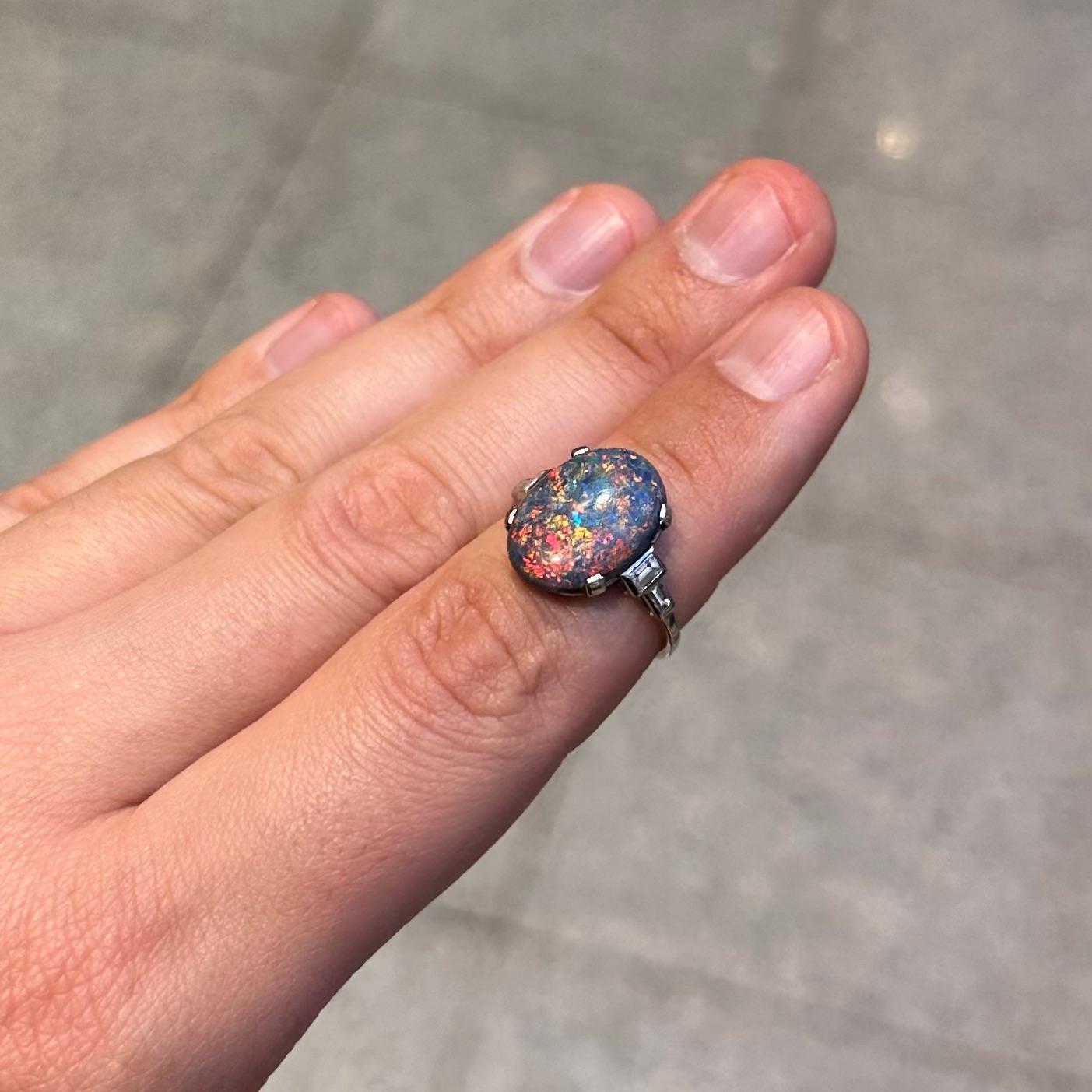 Art Deco Harlequin Precious Black Opal Baguette Diamond Engagement Ring Platinum In Good Condition For Sale In Lisbon, PT