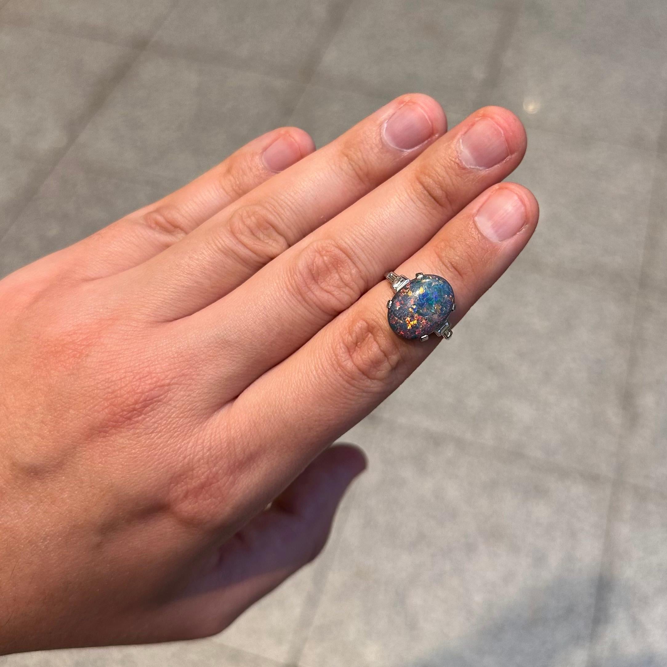 Women's or Men's Art Deco Harlequin Precious Black Opal Baguette Diamond Engagement Ring Platinum