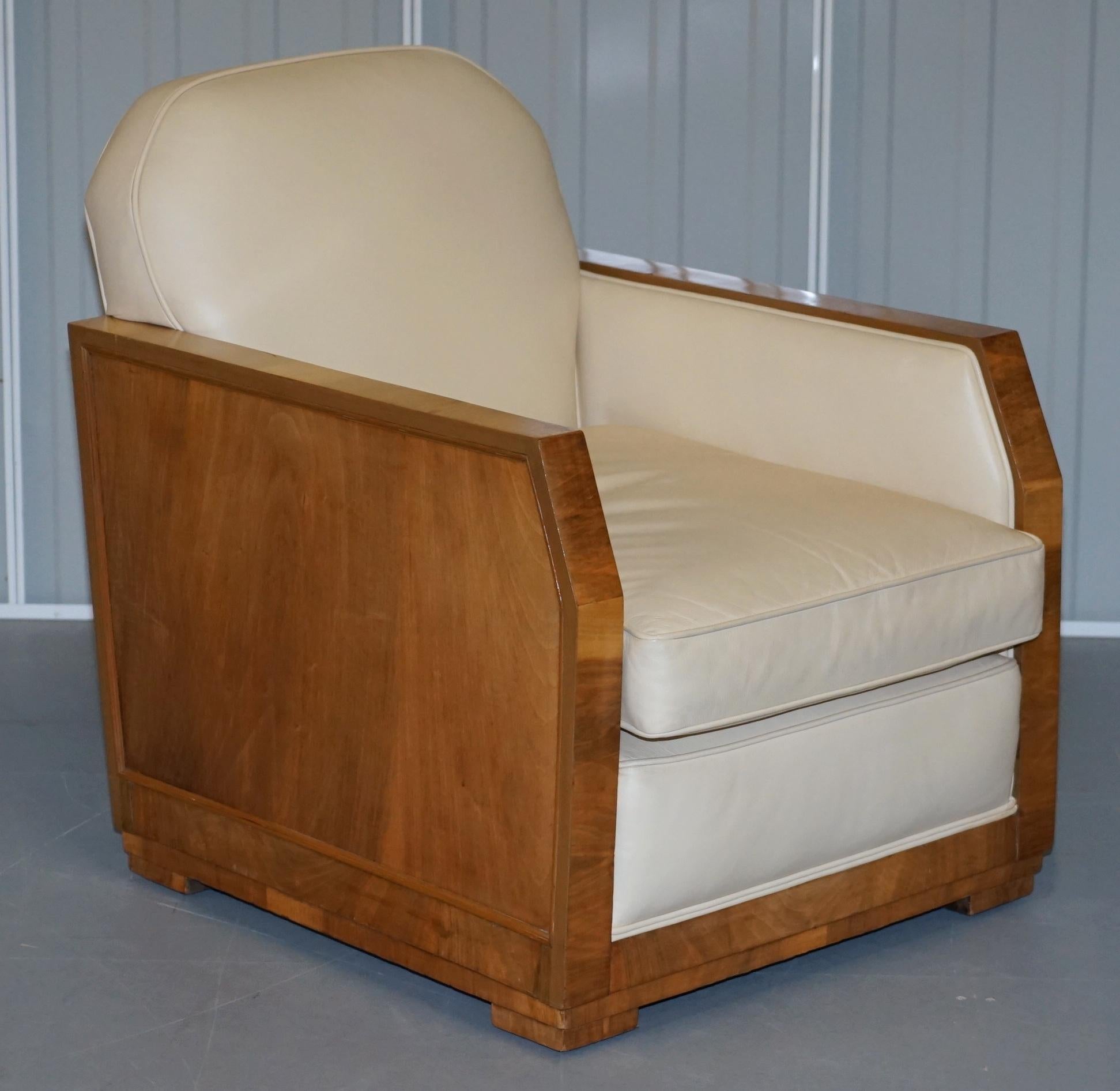 Art Deco Harry & Lou Epstein Walnut & Cream Leather Suite Sofa & Armchairs, Pair For Sale 5