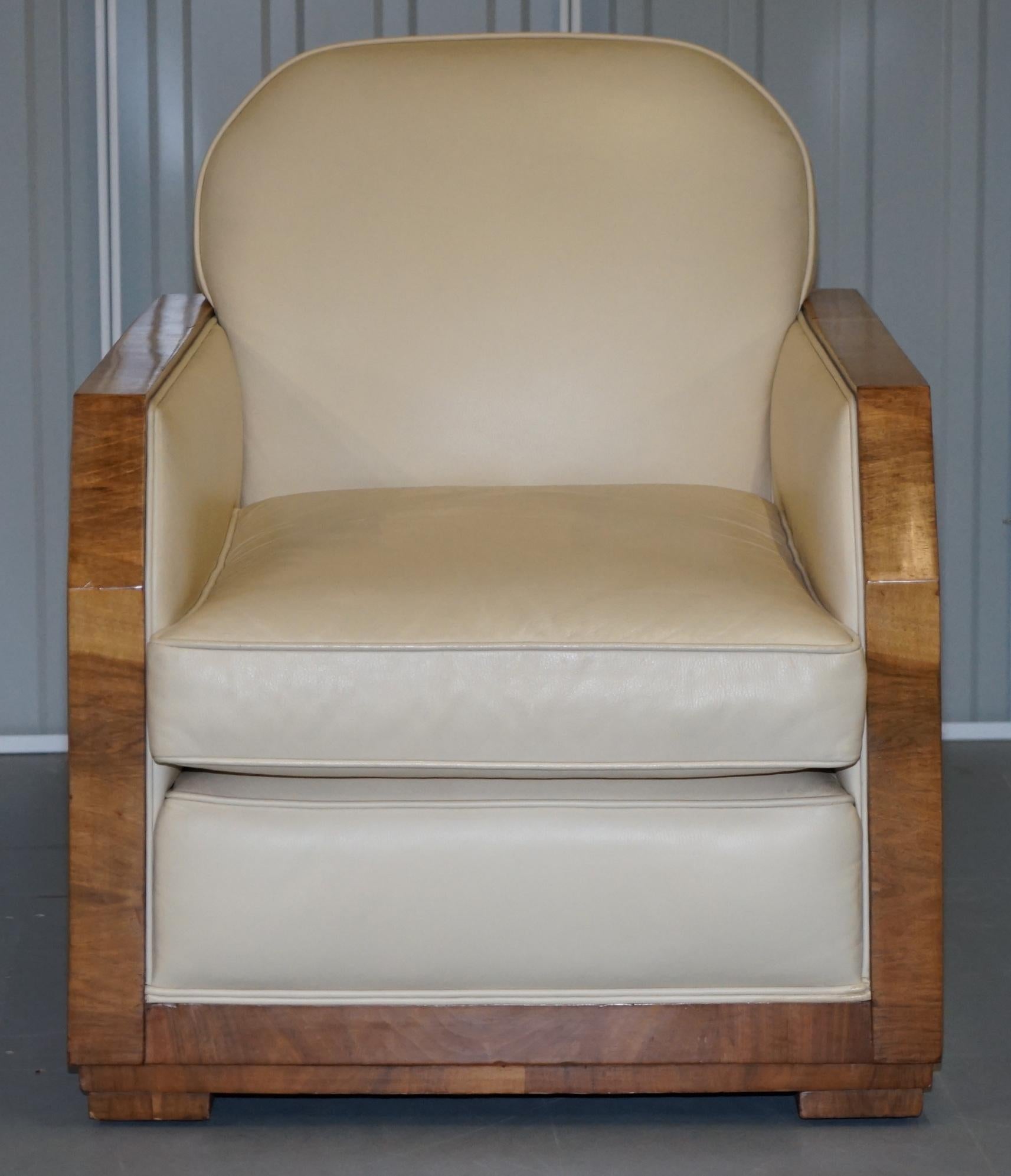 Art Deco Harry & Lou Epstein Walnut & Cream Leather Suite Sofa & Armchairs, Pair For Sale 6