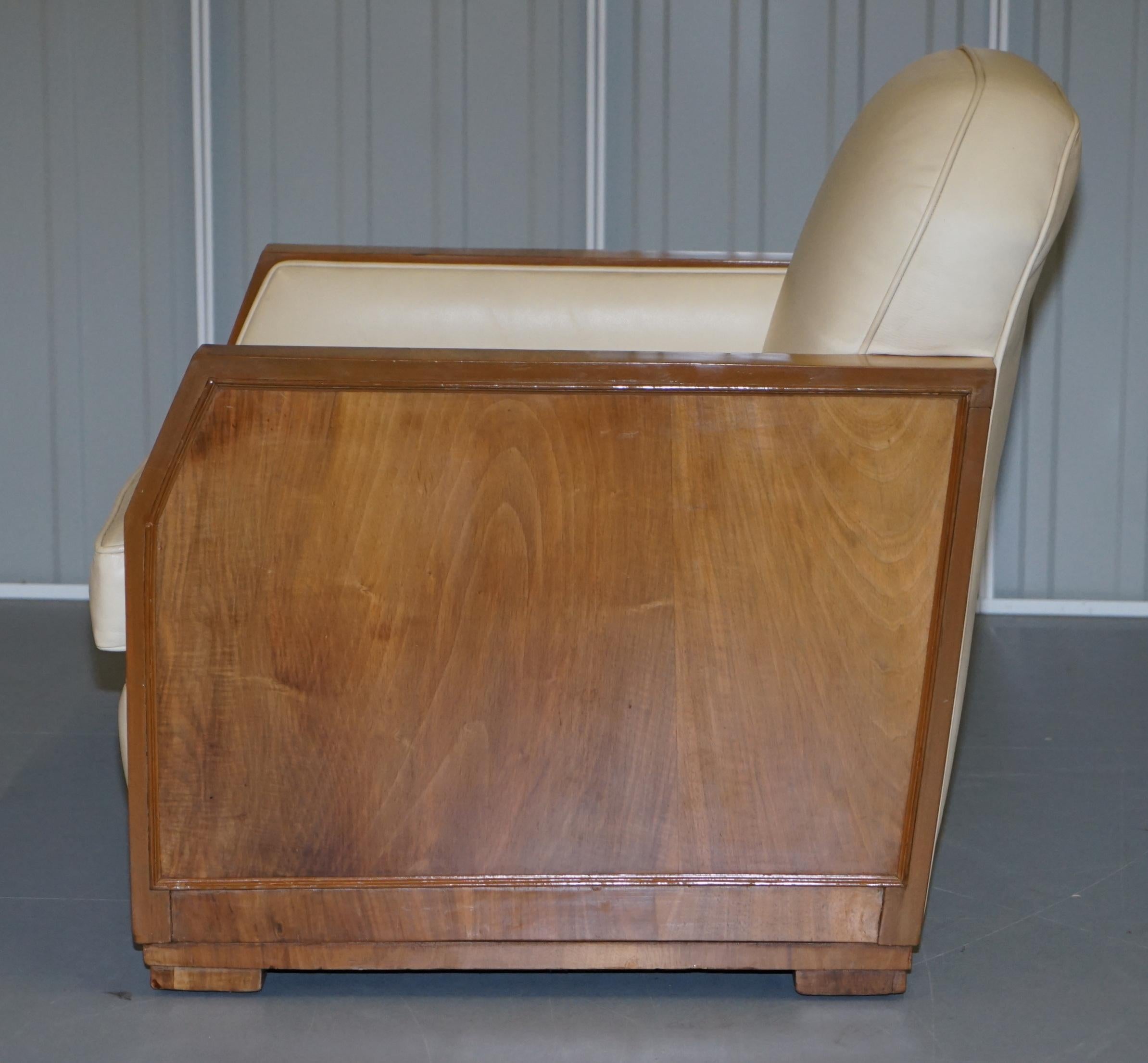 Art Deco Harry & Lou Epstein Walnut & Cream Leather Suite Sofa & Armchairs, Pair For Sale 7