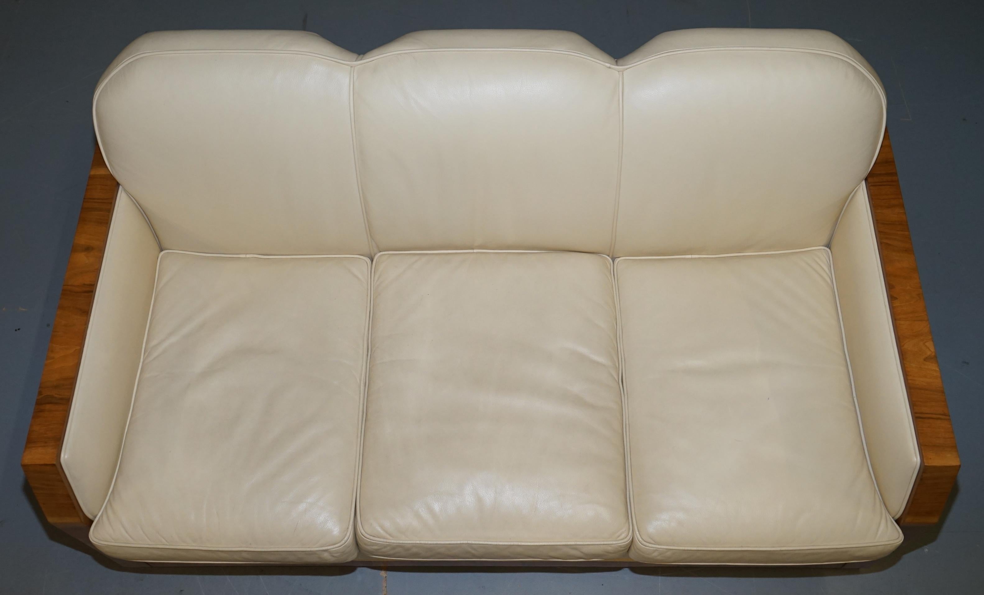 Art Deco Harry & Lou Epstein Walnut & Cream Leather Suite Sofa & Armchairs, Pair For Sale 11