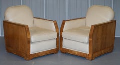 Divano e poltrone della suite Art Deco Harry & Lou Epstein in noce e pelle color crema, coppia