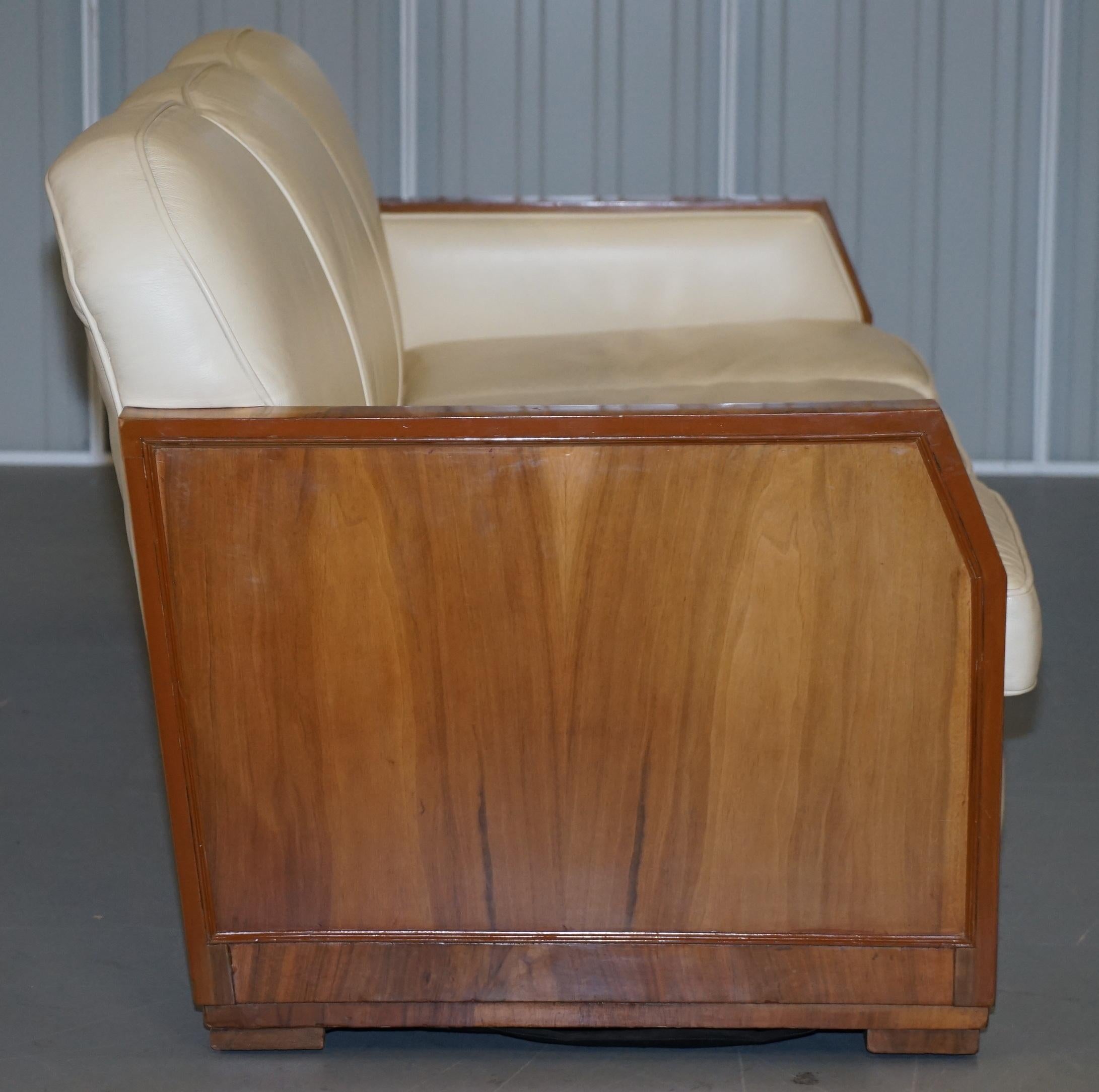 Art Deco Harry & Lou Epstein Walnut & Cream Leather Suite Sofa & Armchairs, Pair For Sale 14