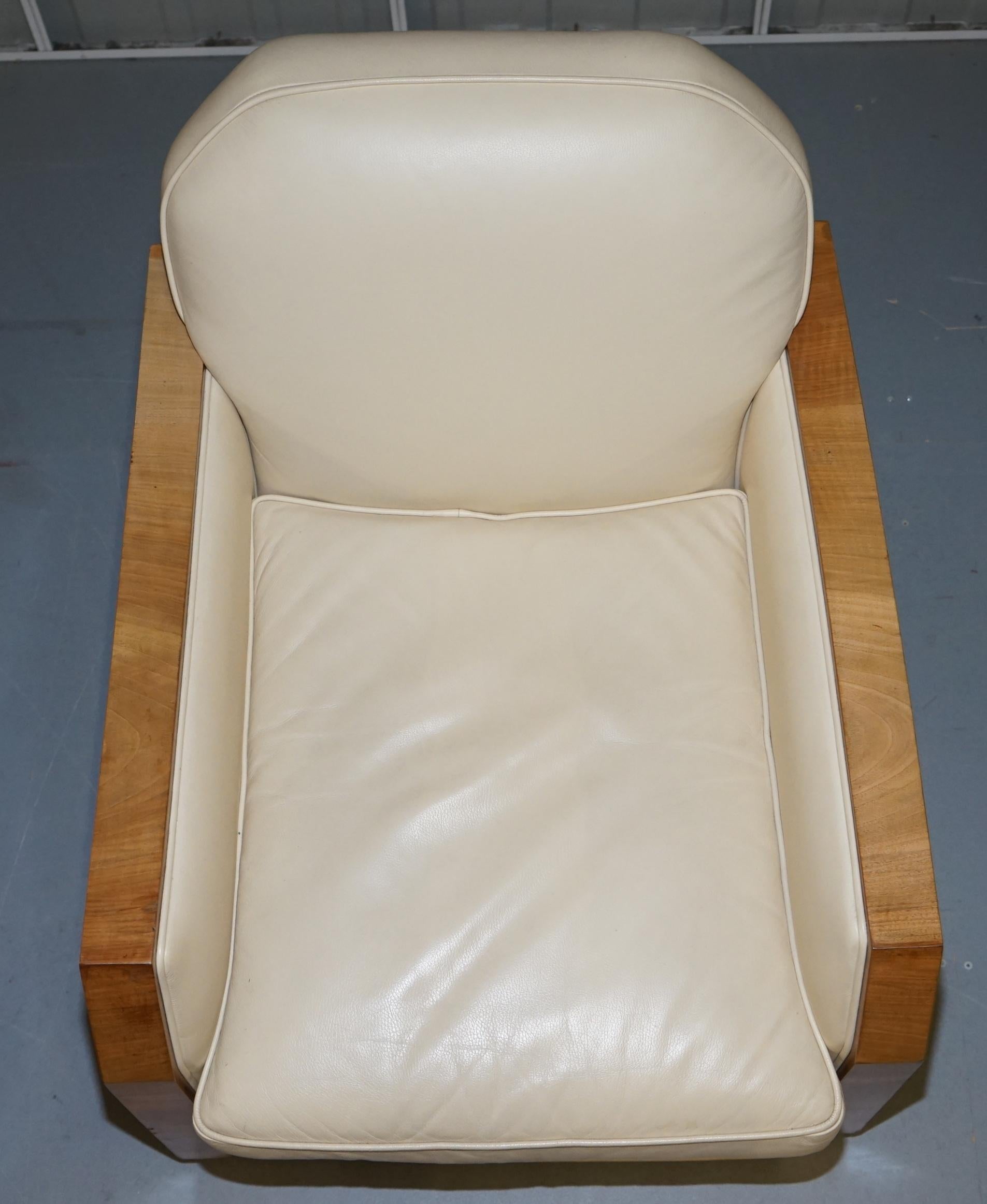 20th Century Art Deco Harry & Lou Epstein Walnut & Cream Leather Suite Sofa & Armchairs, Pair For Sale