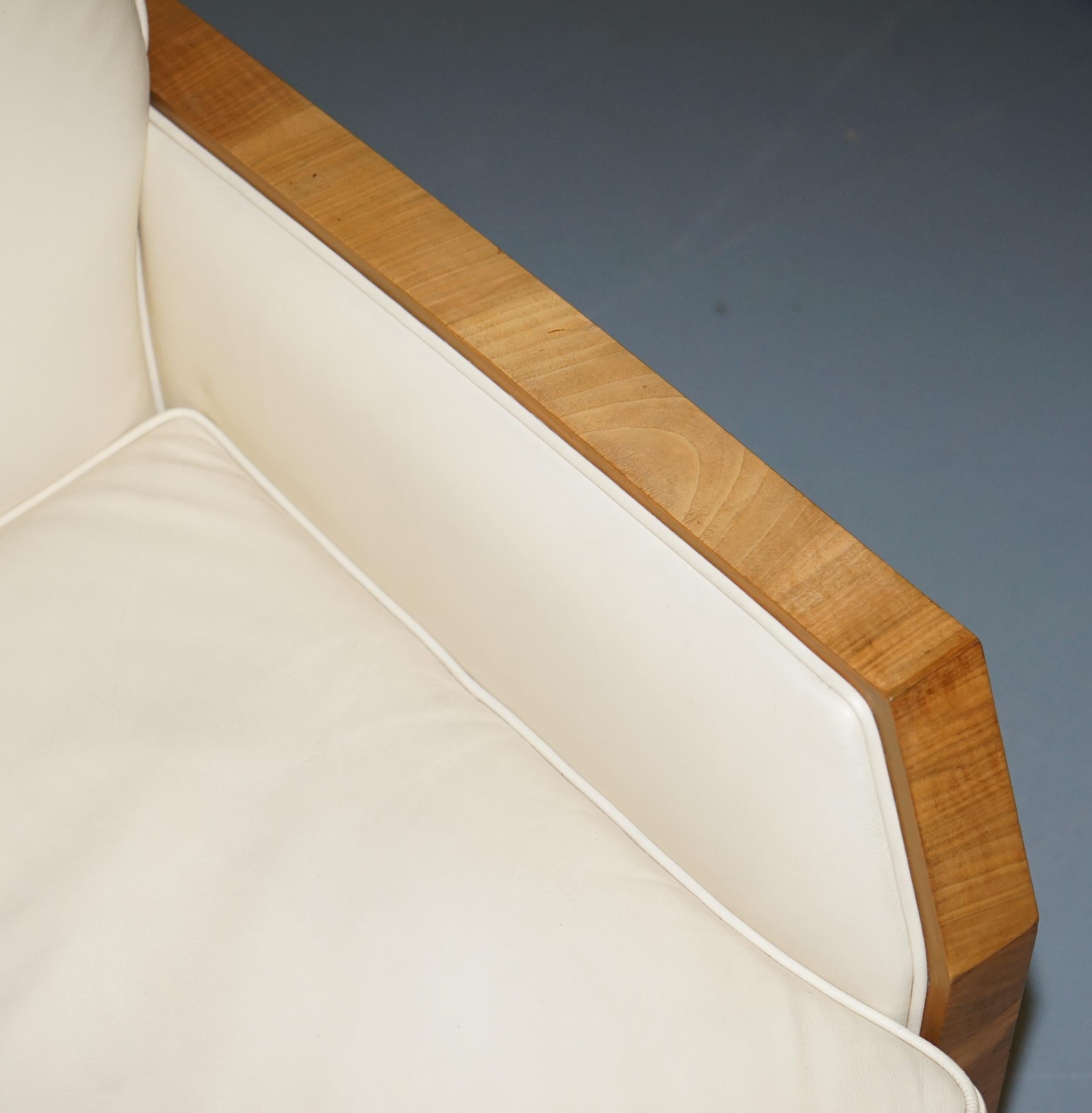 Art Deco Harry & Lou Epstein Walnut & Cream Leather Suite Sofa & Armchairs, Pair For Sale 1