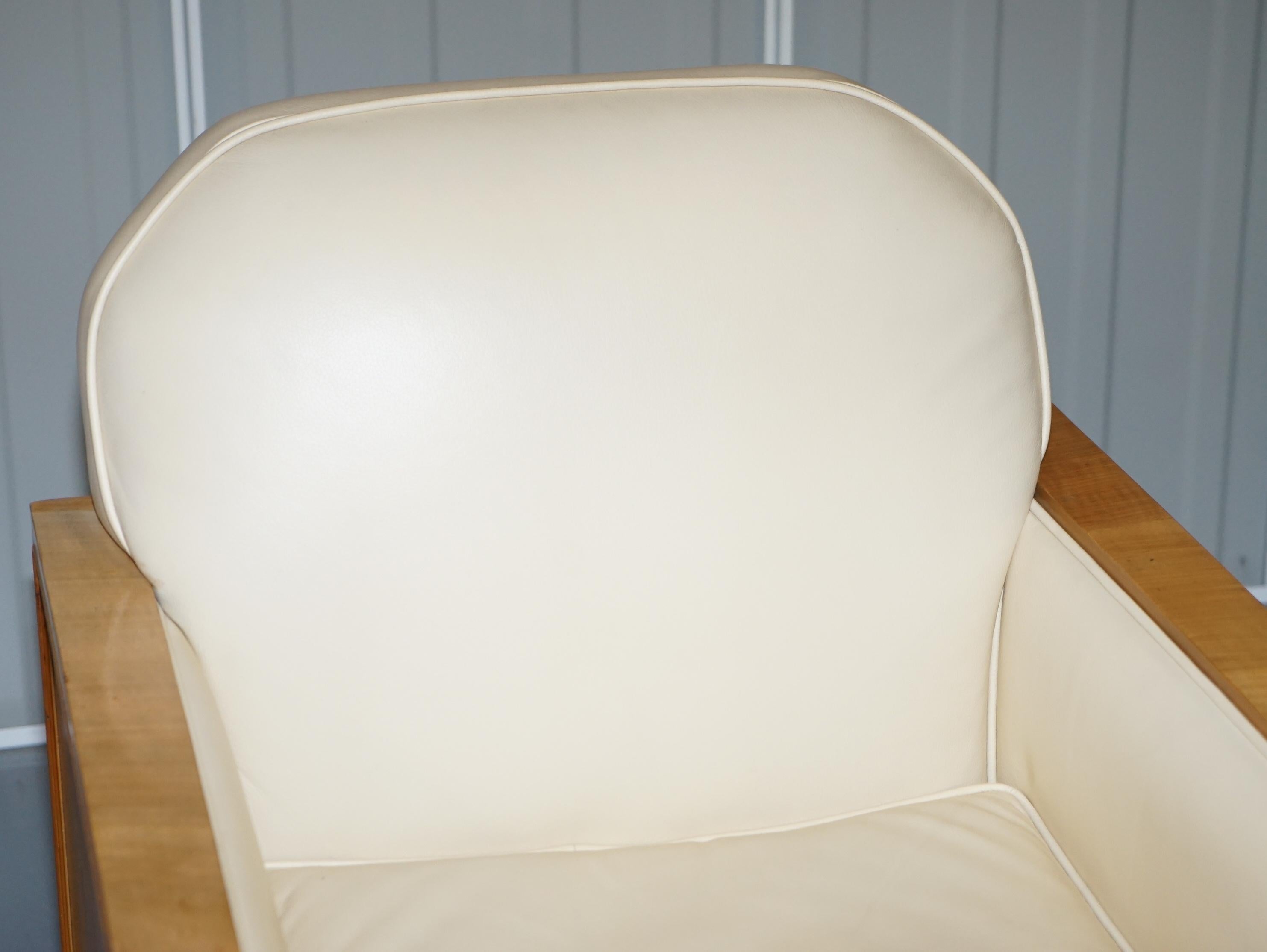 Art Deco Harry & Lou Epstein Walnut & Cream Leather Suite Sofa & Armchairs, Pair For Sale 2