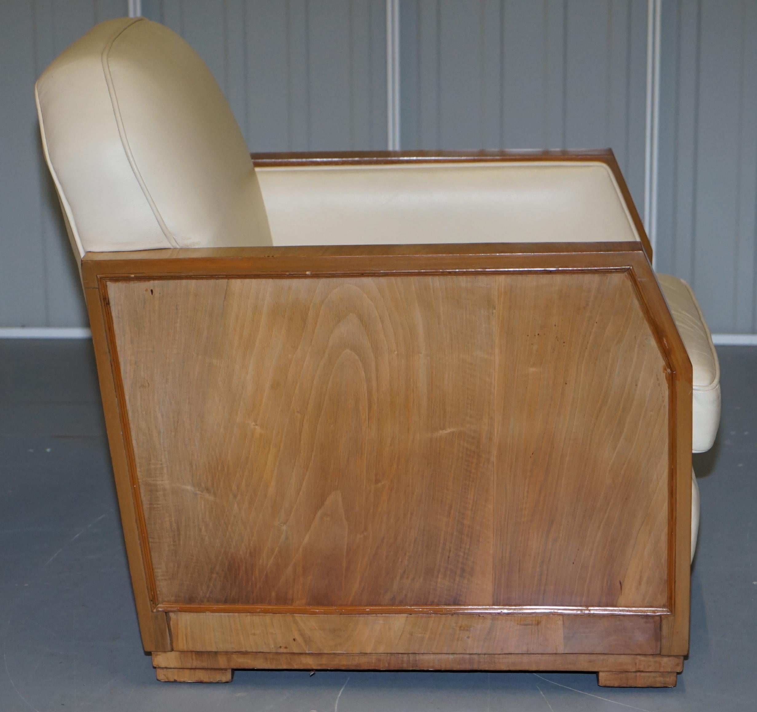 Art Deco Harry & Lou Epstein Walnut & Cream Leather Suite Sofa & Armchairs, Pair For Sale 3