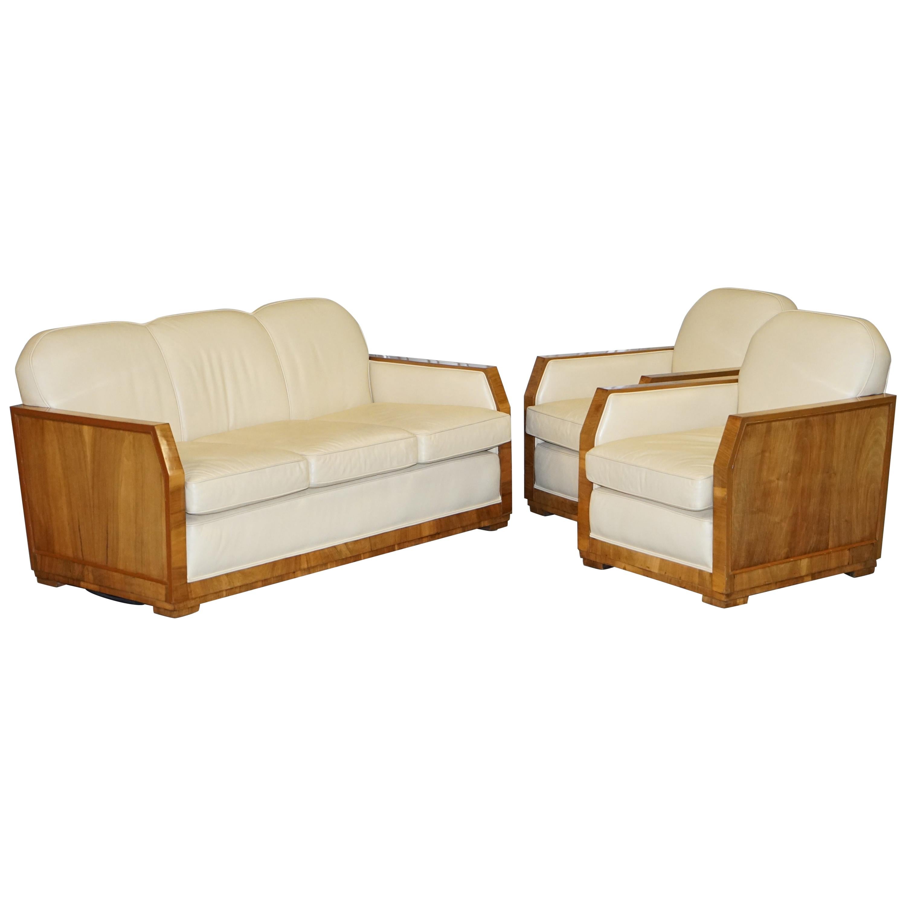 Art Deco Harry & Lou Epstein Walnut & Cream Leather Suite Sofa & Armchairs, Pair For Sale