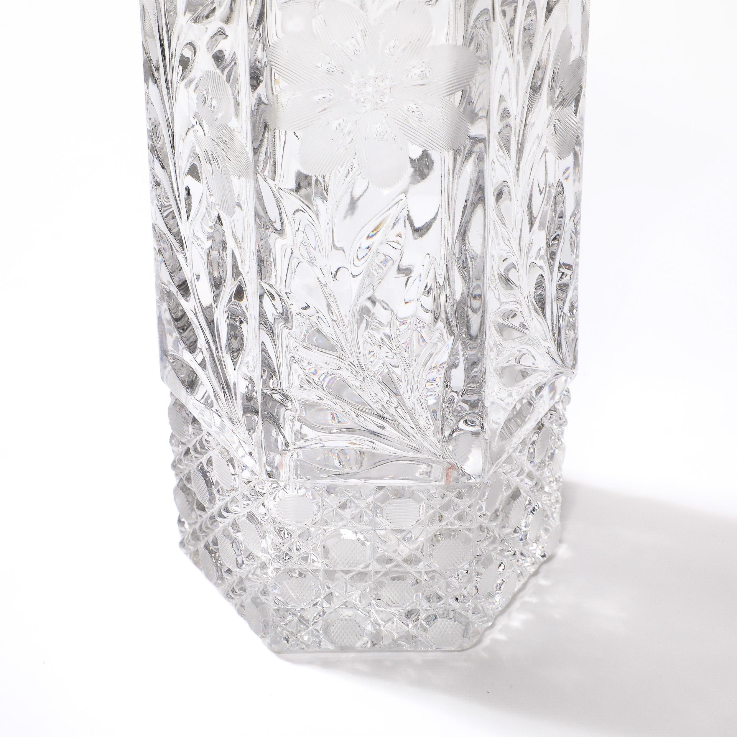 Art Deco Harvard Pattern Octagonal Cut Crystal Vase w/ Floral & Geometric Detail For Sale 5