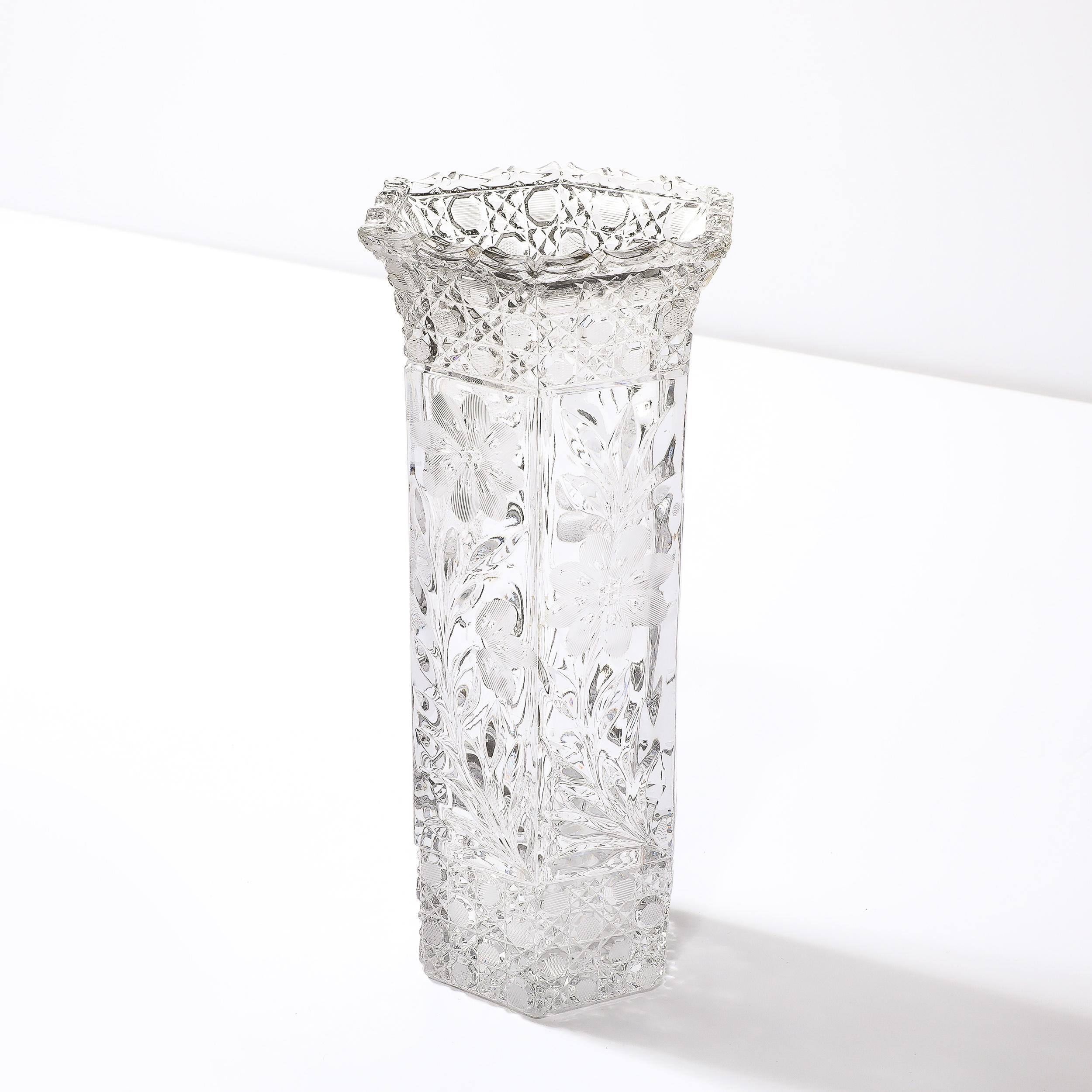 Art Deco Harvard Pattern Octagonal Cut Crystal Vase w/ Floral & Geometric Detail For Sale 6