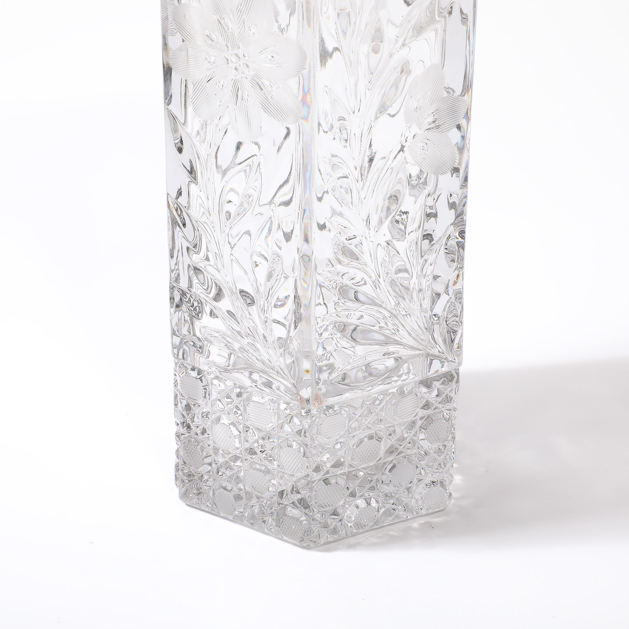 American Art Deco Harvard Pattern Octagonal Cut Crystal Vase w/ Floral & Geometric Detail For Sale