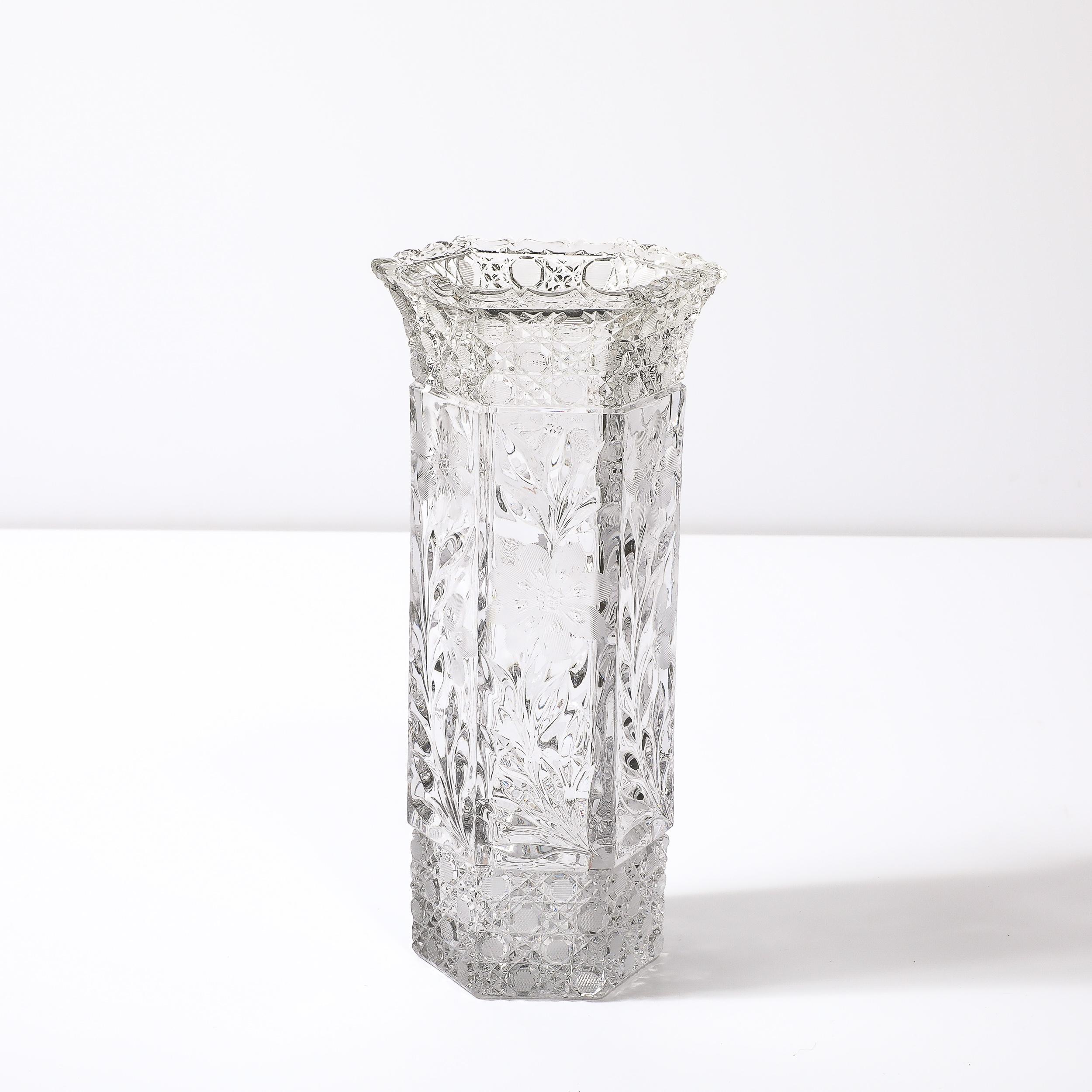 Art Deco Harvard Pattern Octagonal Cut Crystal Vase w/ Floral & Geometric Detail In Excellent Condition For Sale In New York, NY