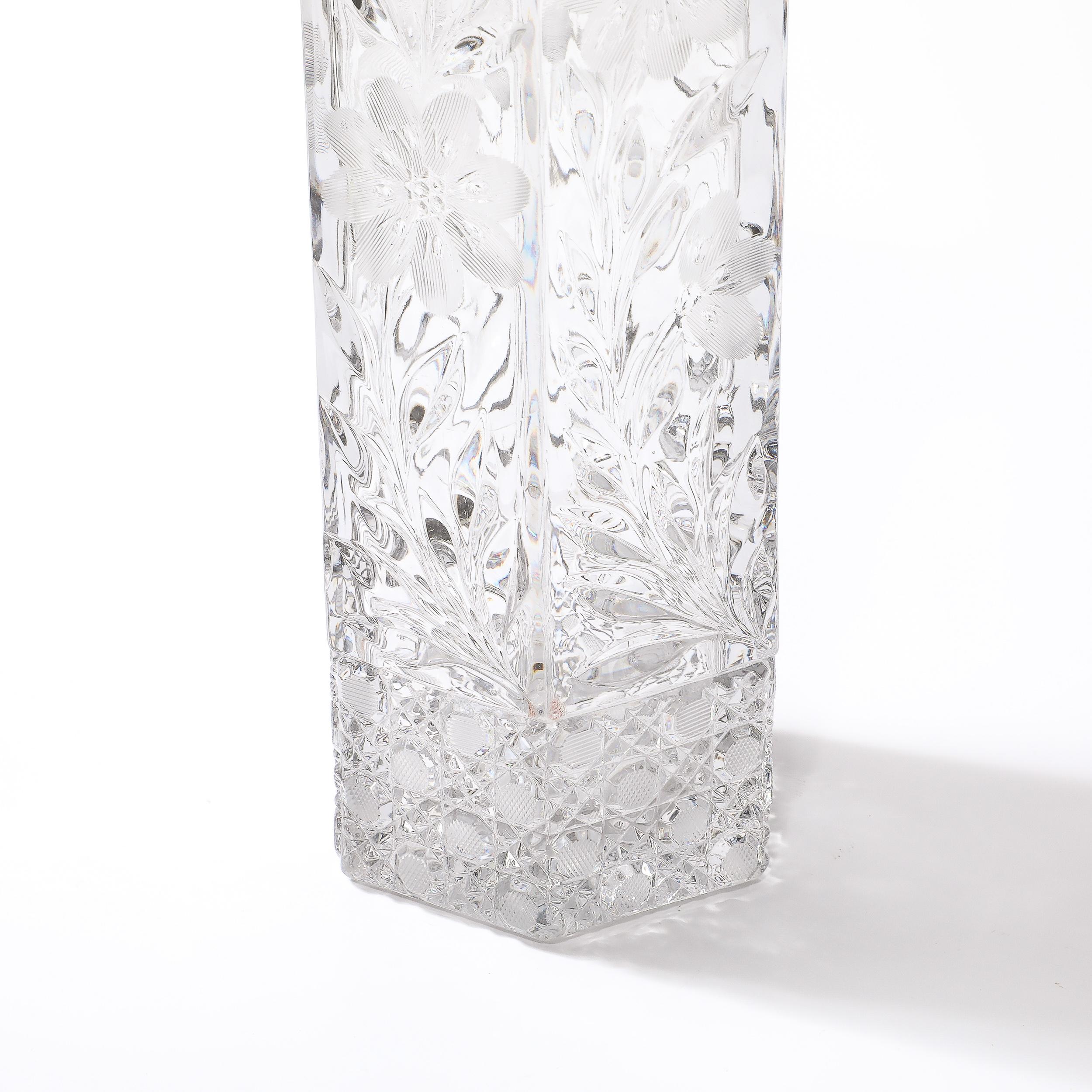 Early 20th Century Art Deco Harvard Pattern Octagonal Cut Crystal Vase w/ Floral & Geometric Detail For Sale