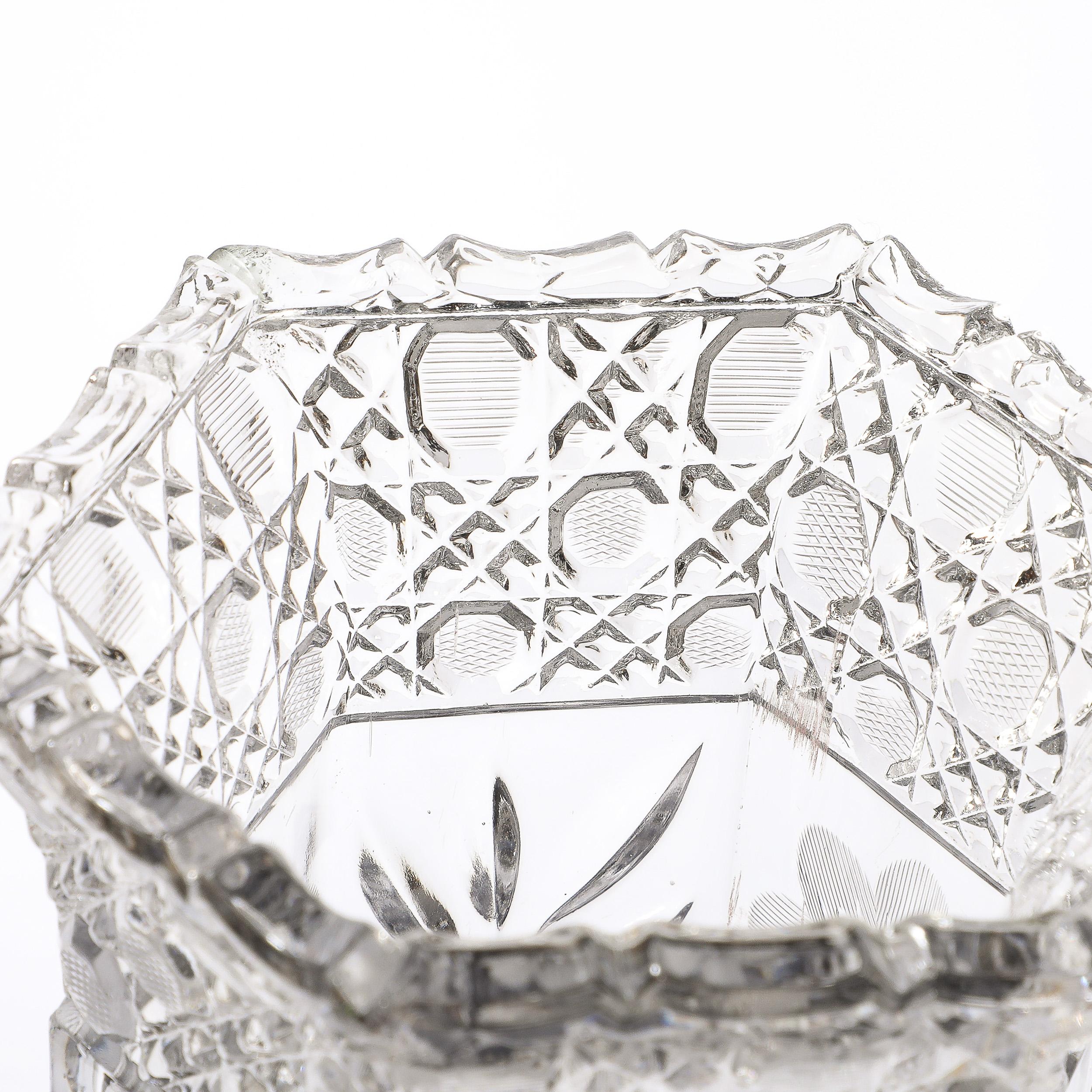 Art Deco Harvard Pattern Octagonal Cut Crystal Vase w/ Floral & Geometric Detail For Sale 1