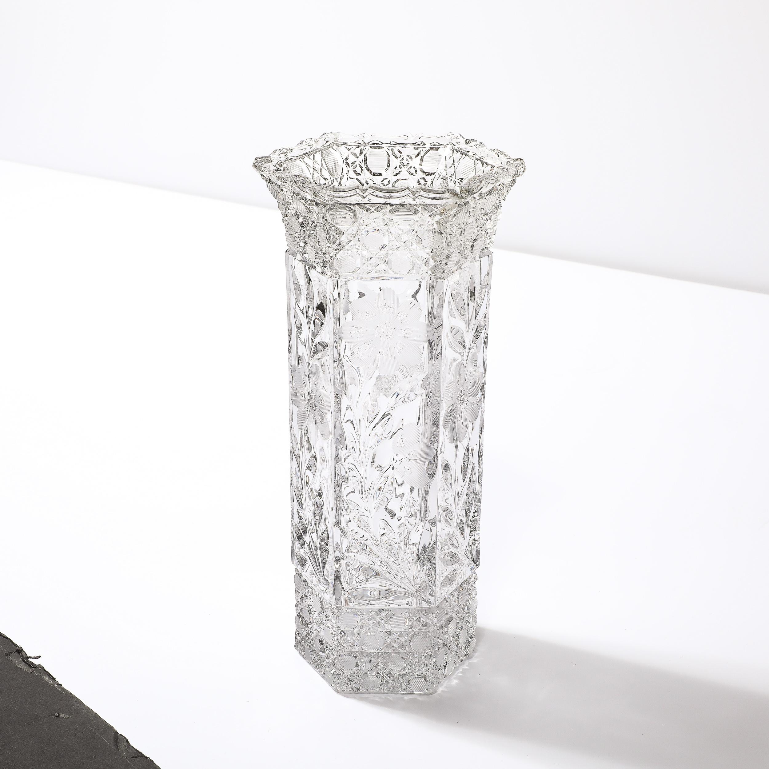 Art Deco Harvard Pattern Octagonal Cut Crystal Vase w/ Floral & Geometric Detail For Sale 2
