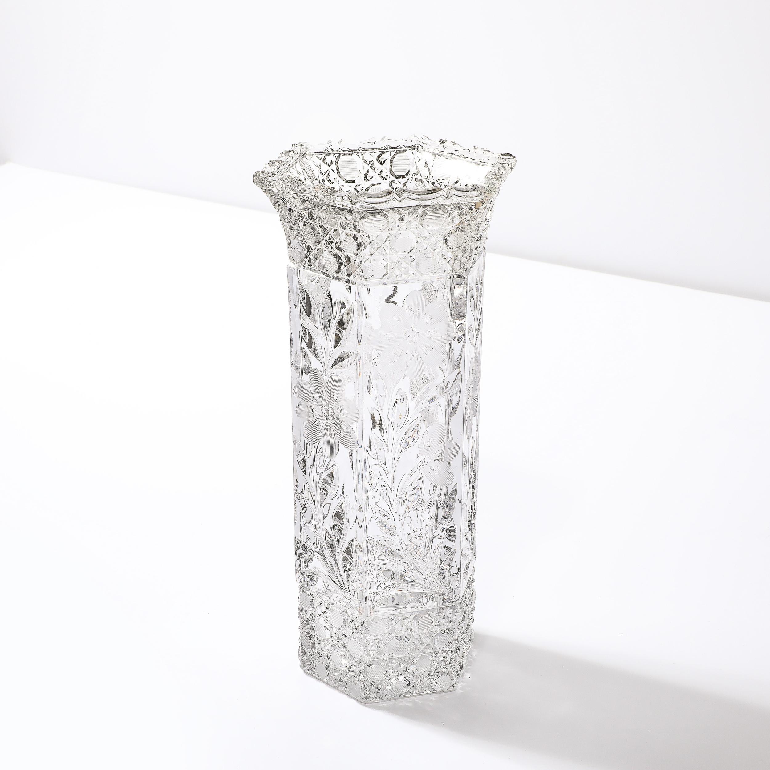 Art Deco Harvard Pattern Octagonal Cut Crystal Vase w/ Floral & Geometric Detail For Sale 3