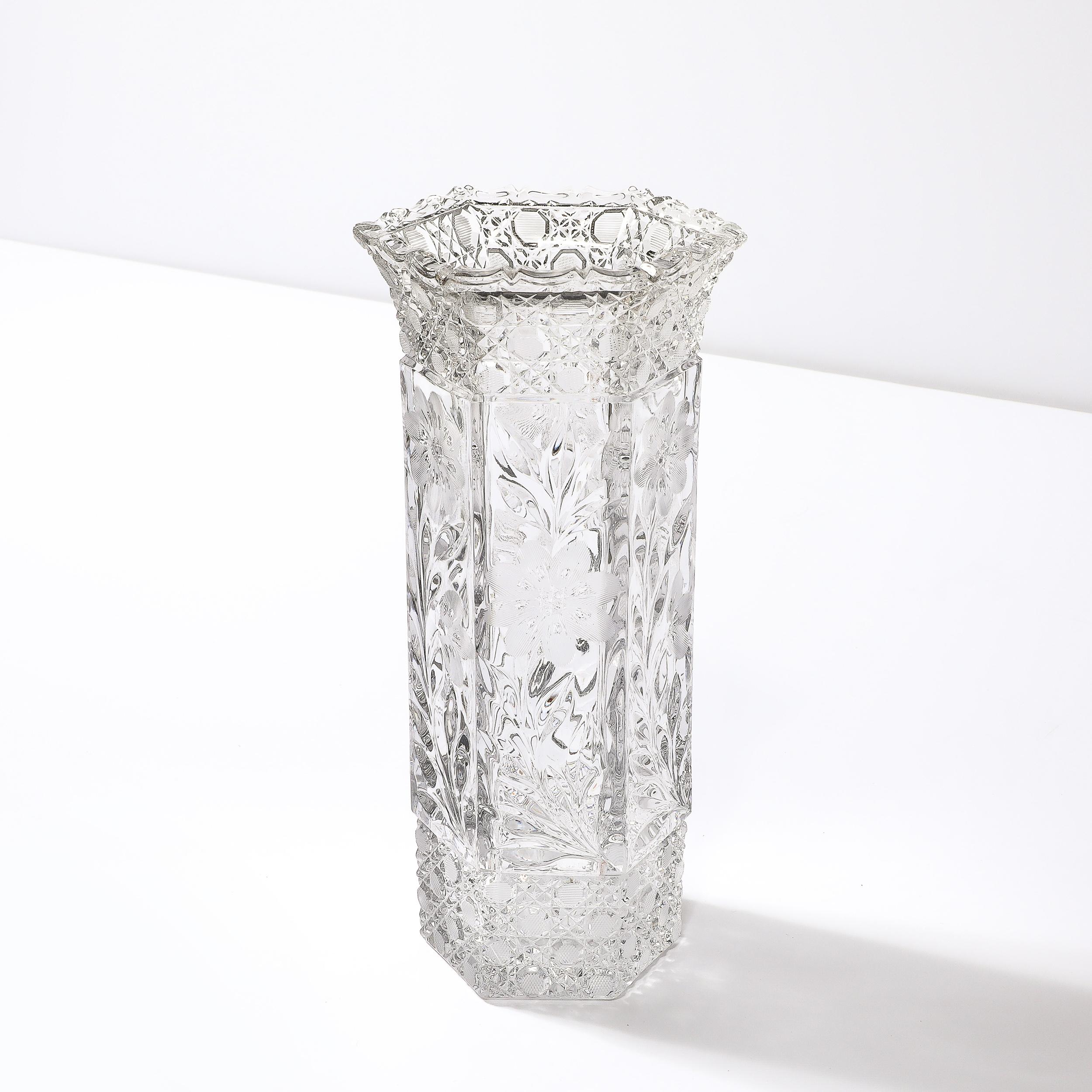 Art Deco Harvard Pattern Octagonal Cut Crystal Vase w/ Floral & Geometric Detail For Sale 4