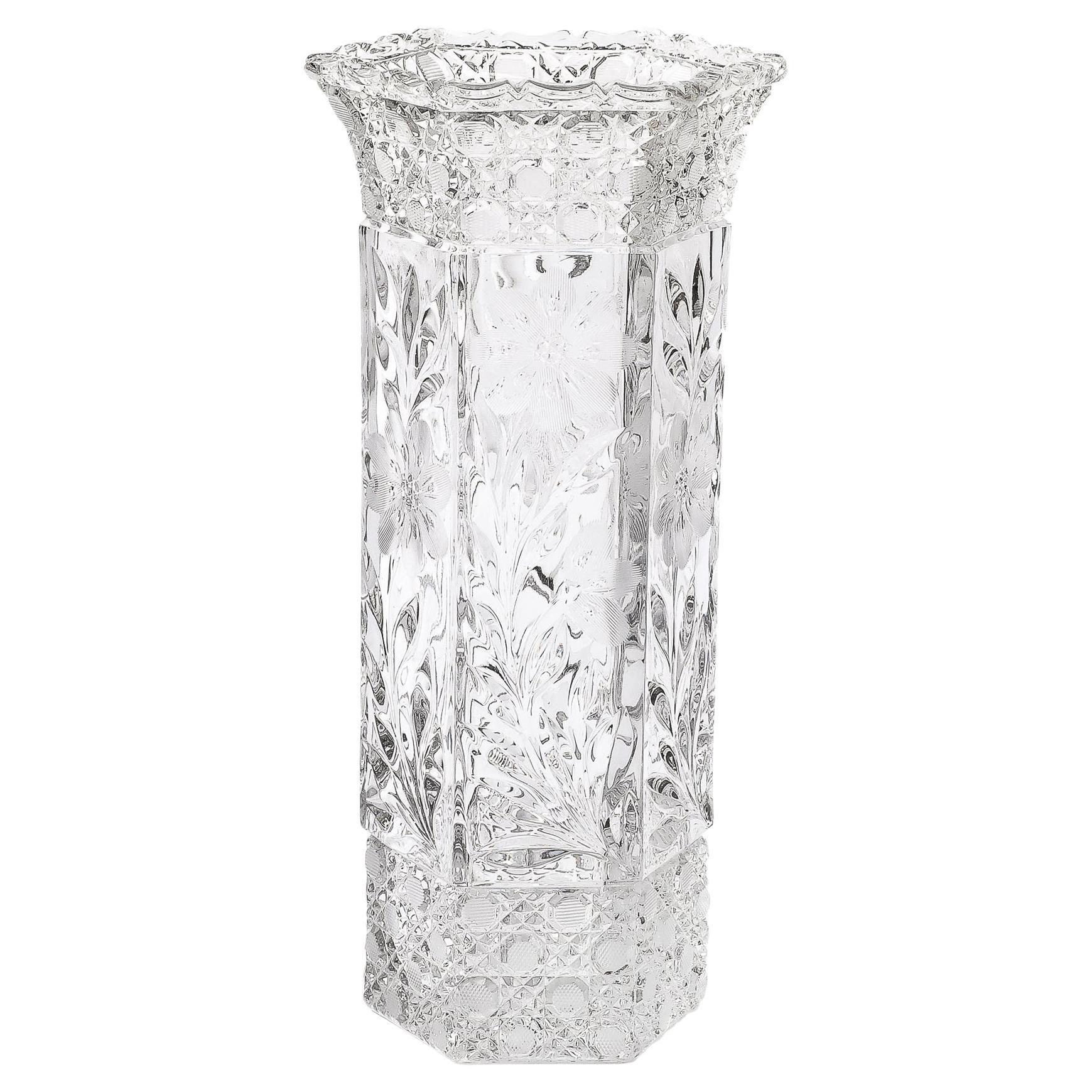 Art Deco Harvard Pattern Octagonal Cut Crystal Vase w/ Floral & Geometric Detail For Sale