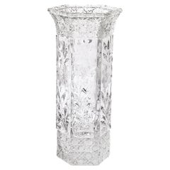 Antique Art Deco Harvard Pattern Octagonal Cut Crystal Vase w/ Floral & Geometric Detail