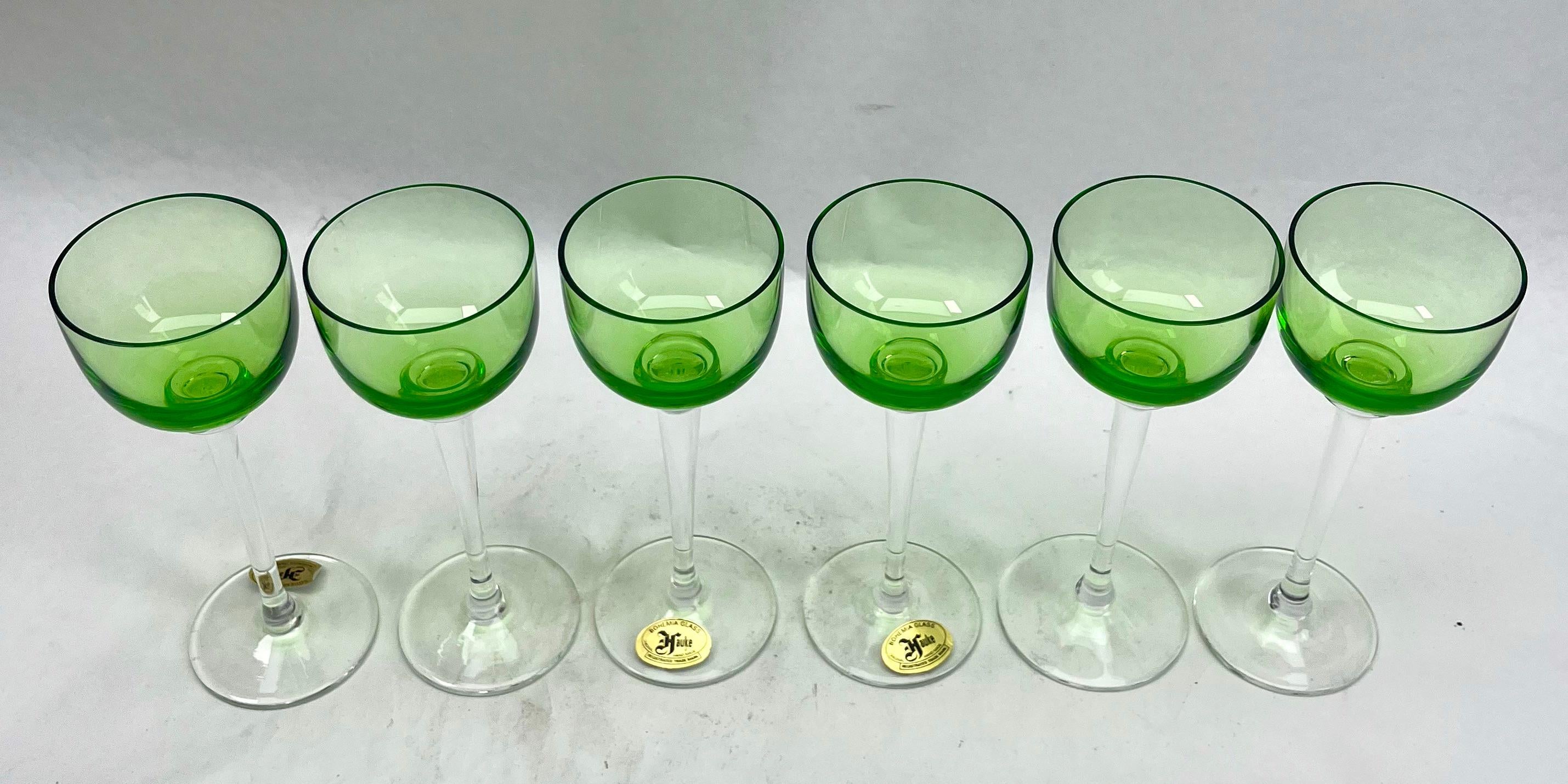 Art Deco Hauke with Label 6 Bohemia Liqueur Uranium or Vaseline Glass  For Sale 3