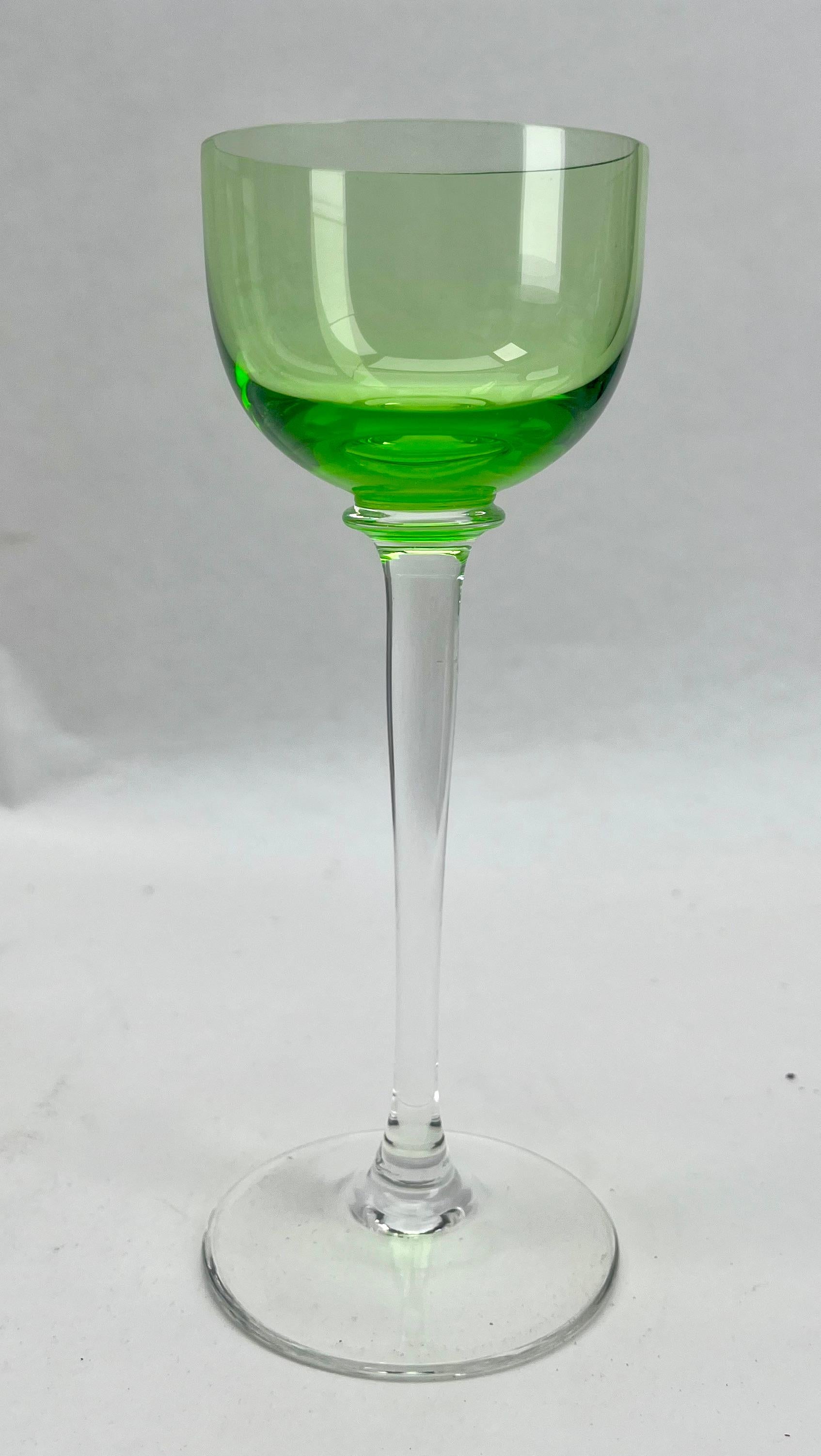 Mid-20th Century Art Deco Hauke with Label 6 Bohemia Liqueur Uranium or Vaseline Glass  For Sale