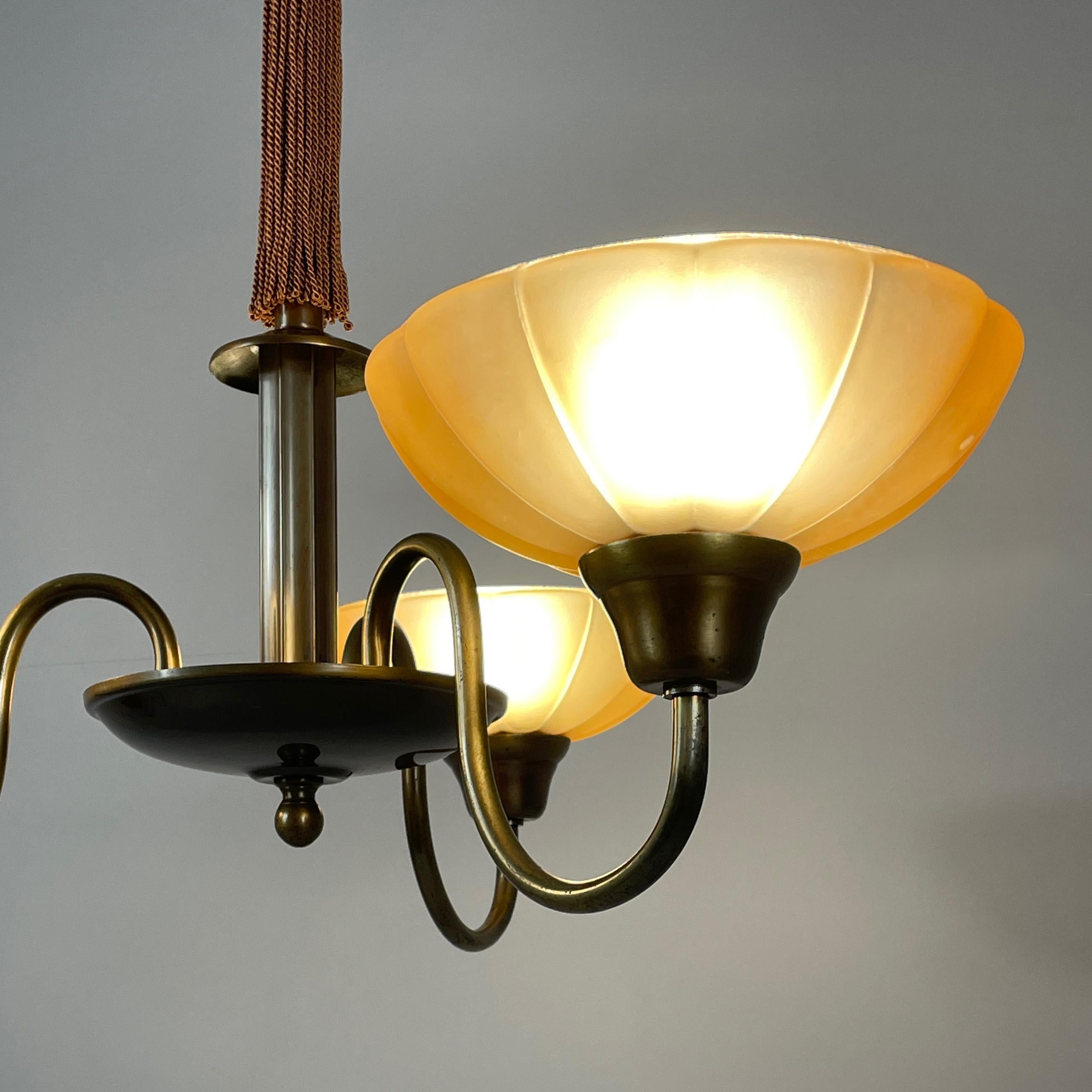 Art Deco Havanna Glass & Bronzed Brass Chandelier, Sweden 1930s For Sale 5