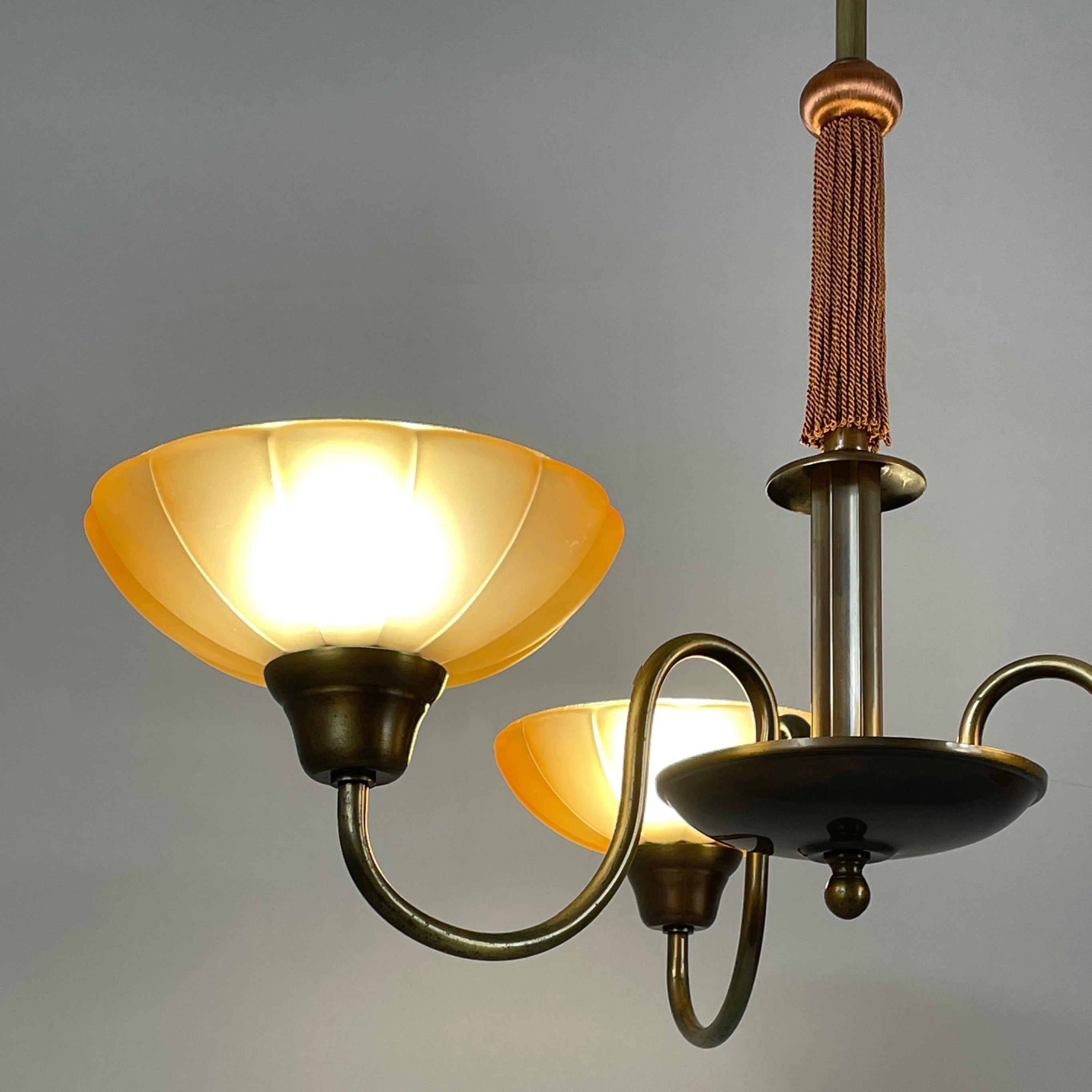 Art Deco Havanna Glass & Bronzed Brass Chandelier, Sweden 1930s For Sale 6