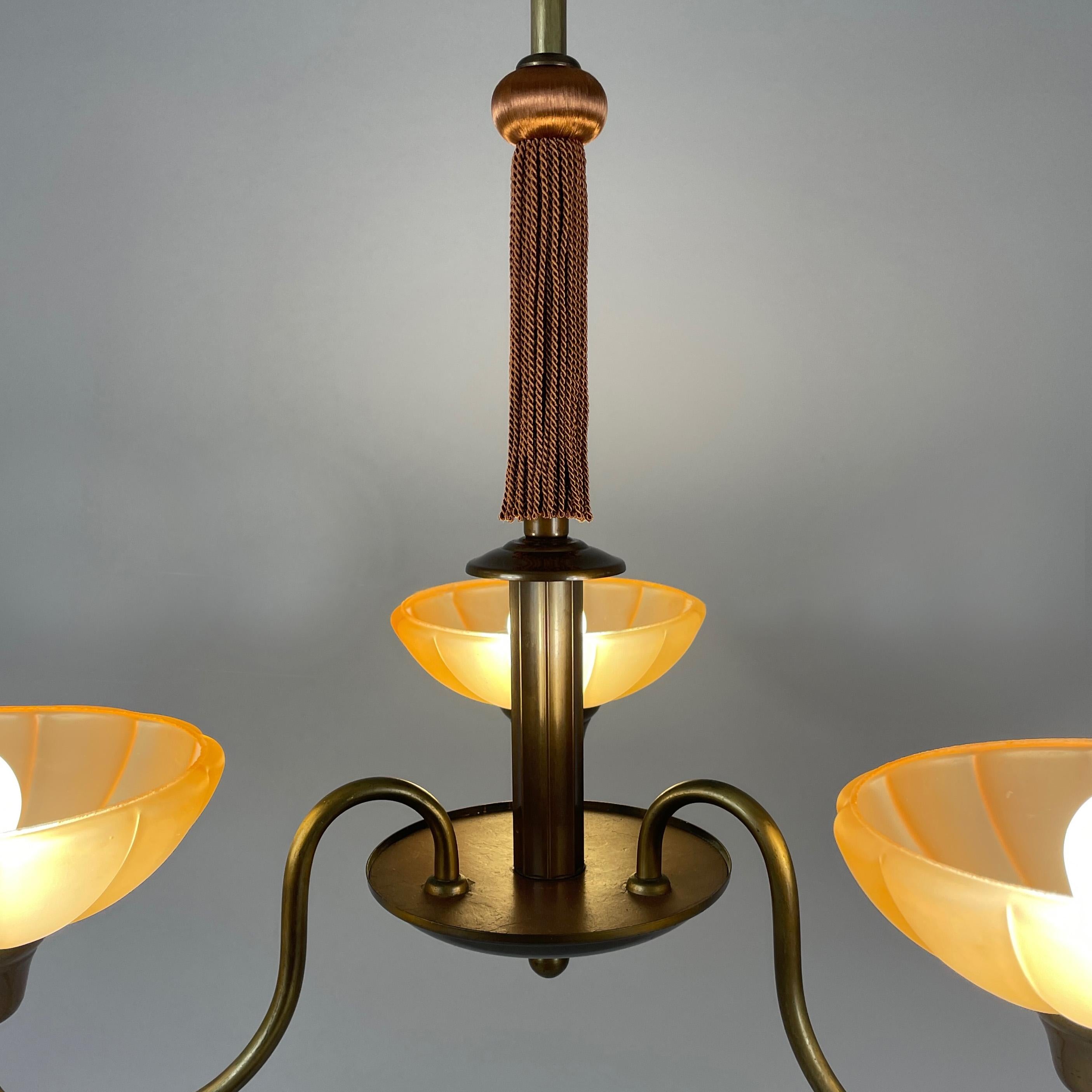 Art Deco Havanna Glass & Bronzed Brass Chandelier, Sweden 1930s For Sale 7