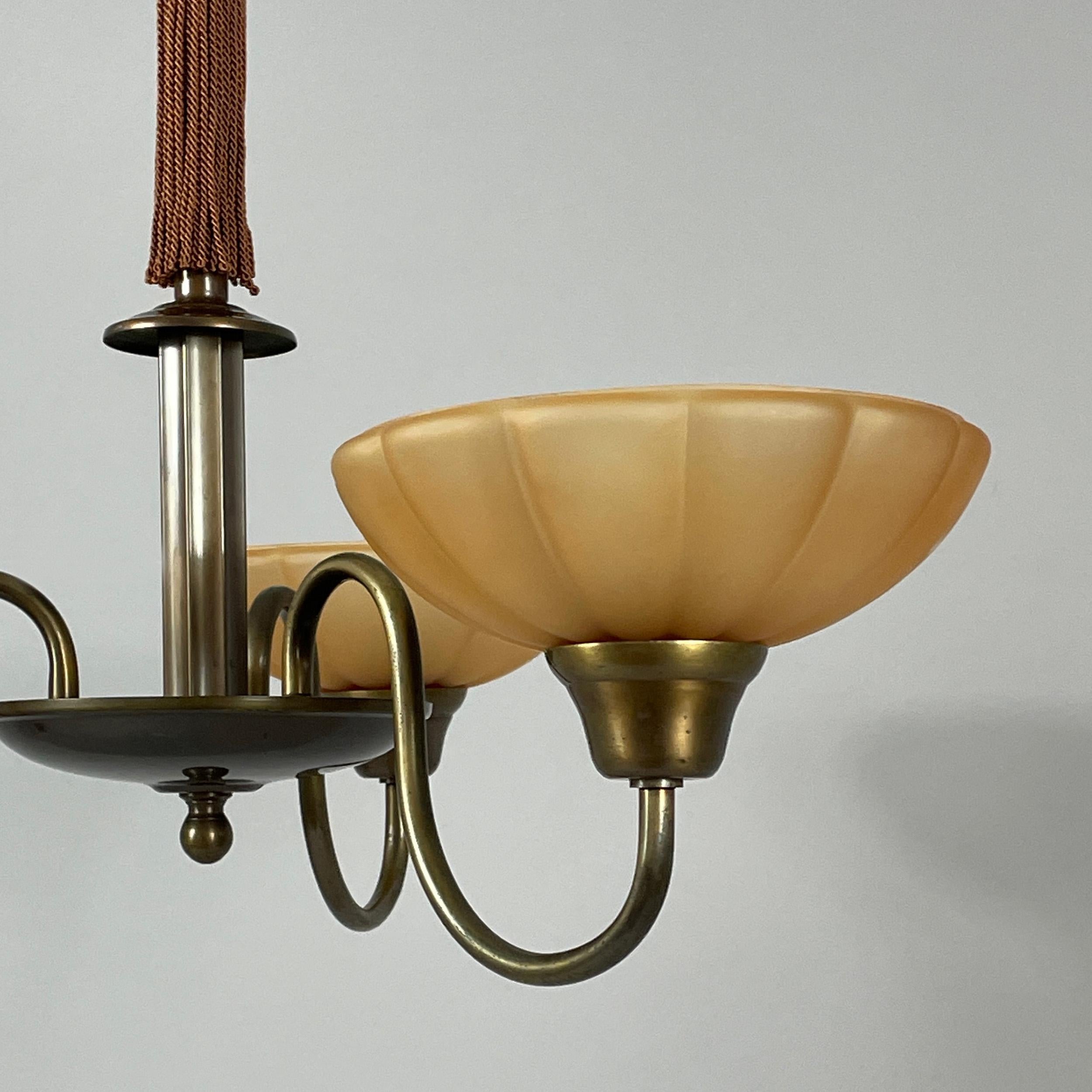 Art Deco Havanna Glass & Bronzed Brass Chandelier, Sweden 1930s For Sale 8