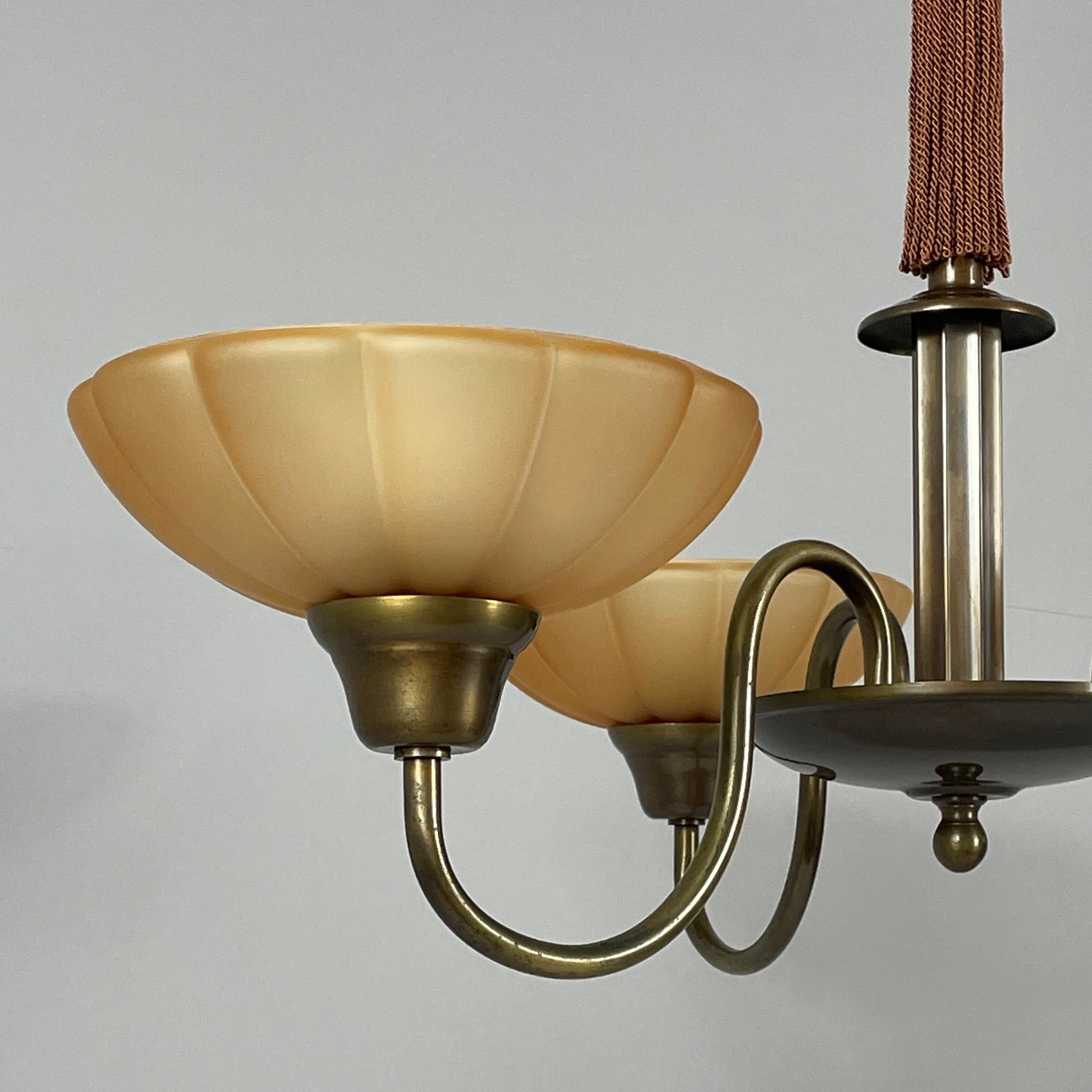 Art Deco Havanna Glass & Bronzed Brass Chandelier, Sweden 1930s For Sale 9