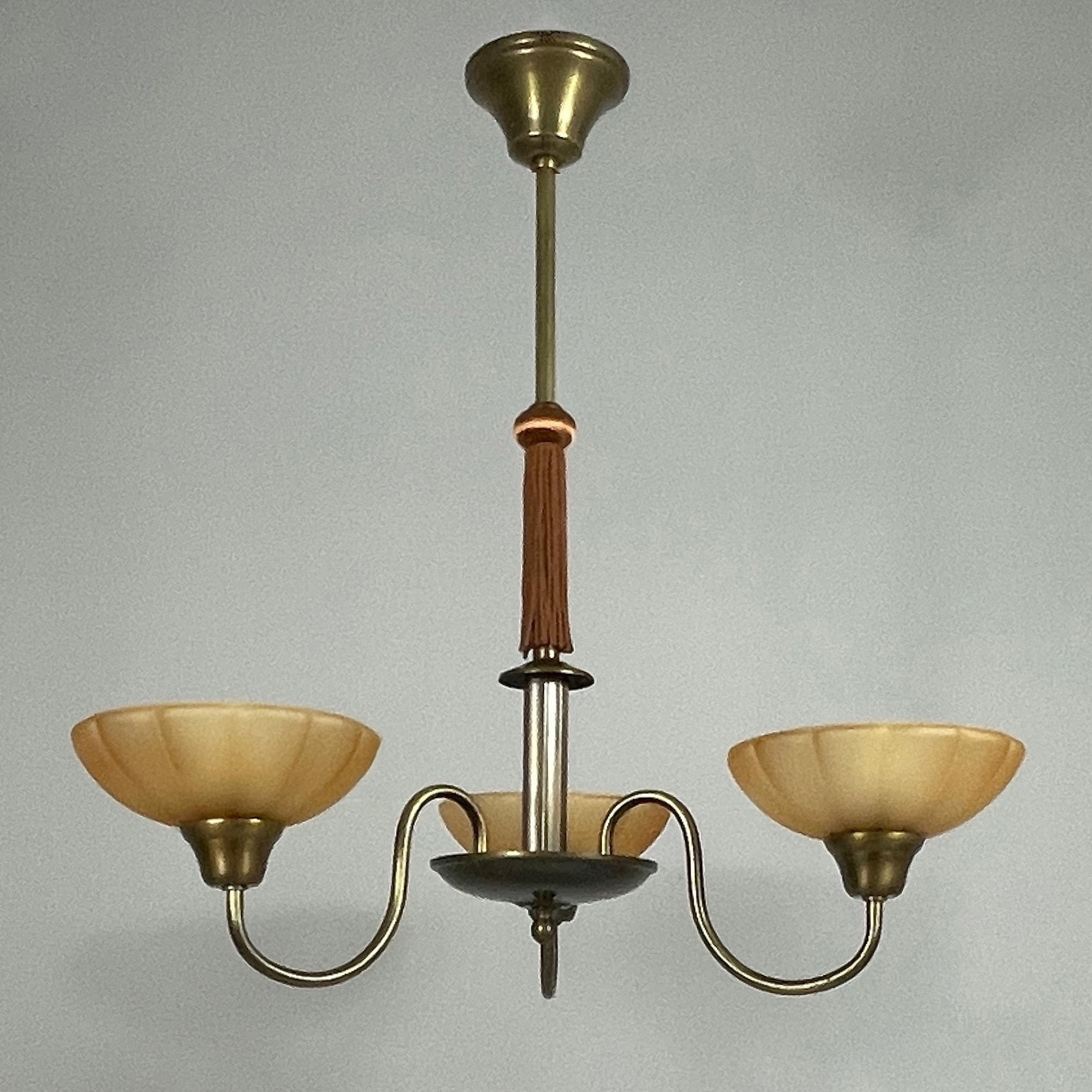 Art Deco Havanna Glass & Bronzed Brass Chandelier, Sweden 1930s For Sale 10