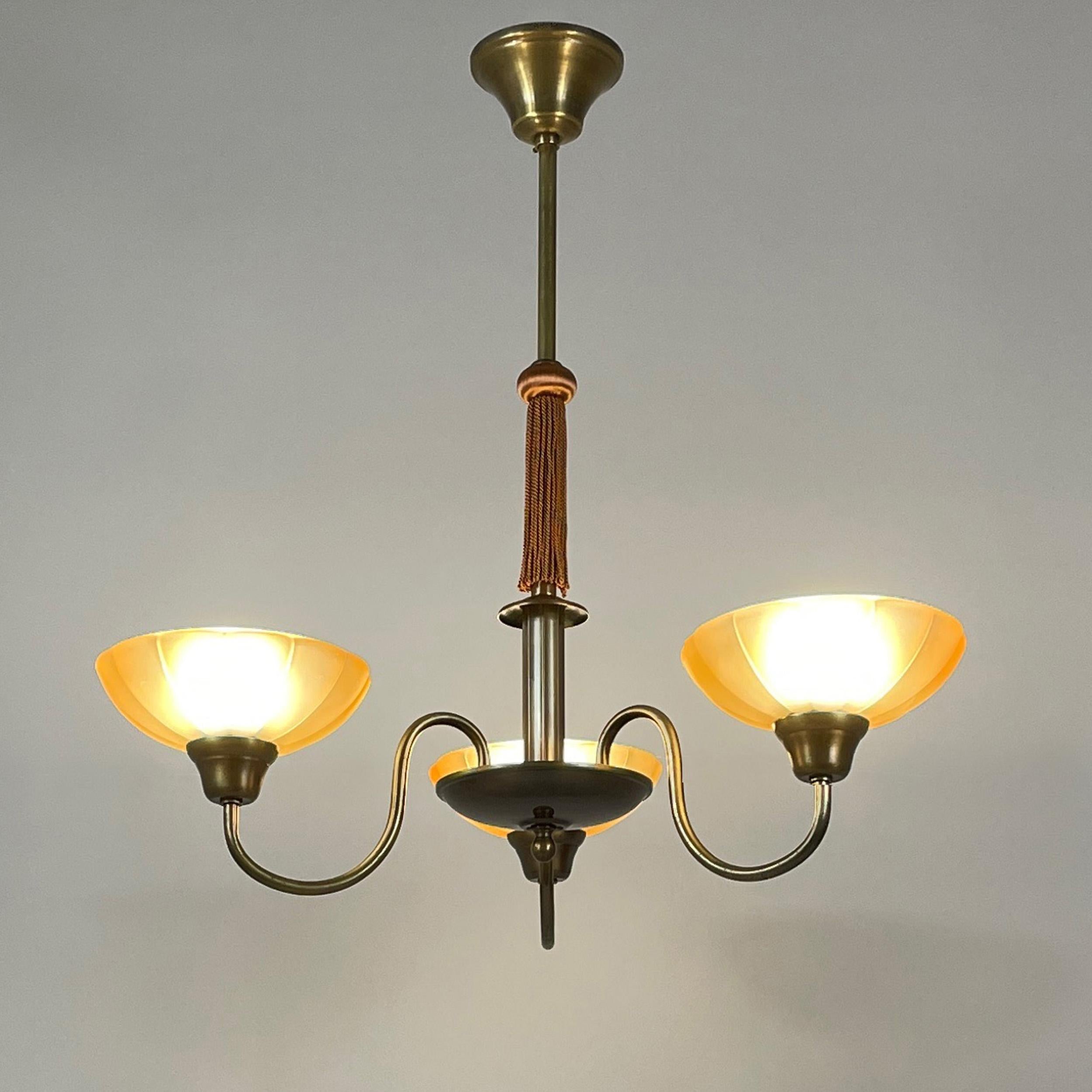 Swedish Art Deco Havanna Glass & Bronzed Brass Chandelier, Sweden 1930s For Sale